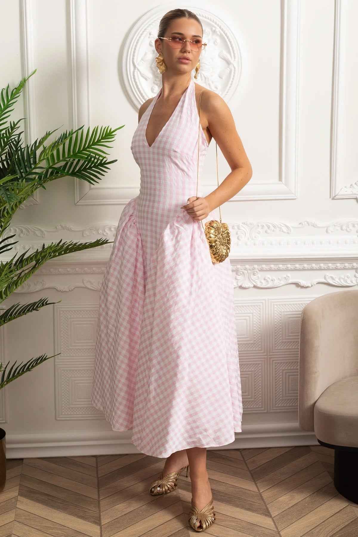 Pastel Checked Halter Dress with Voluminous Skirt - Pink