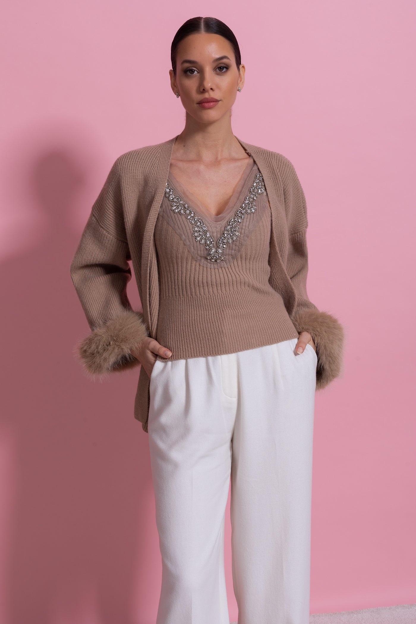 Knit Two Piece Set With Crystal Embellishments And Trim Cuffs - Beige - ICYBOO