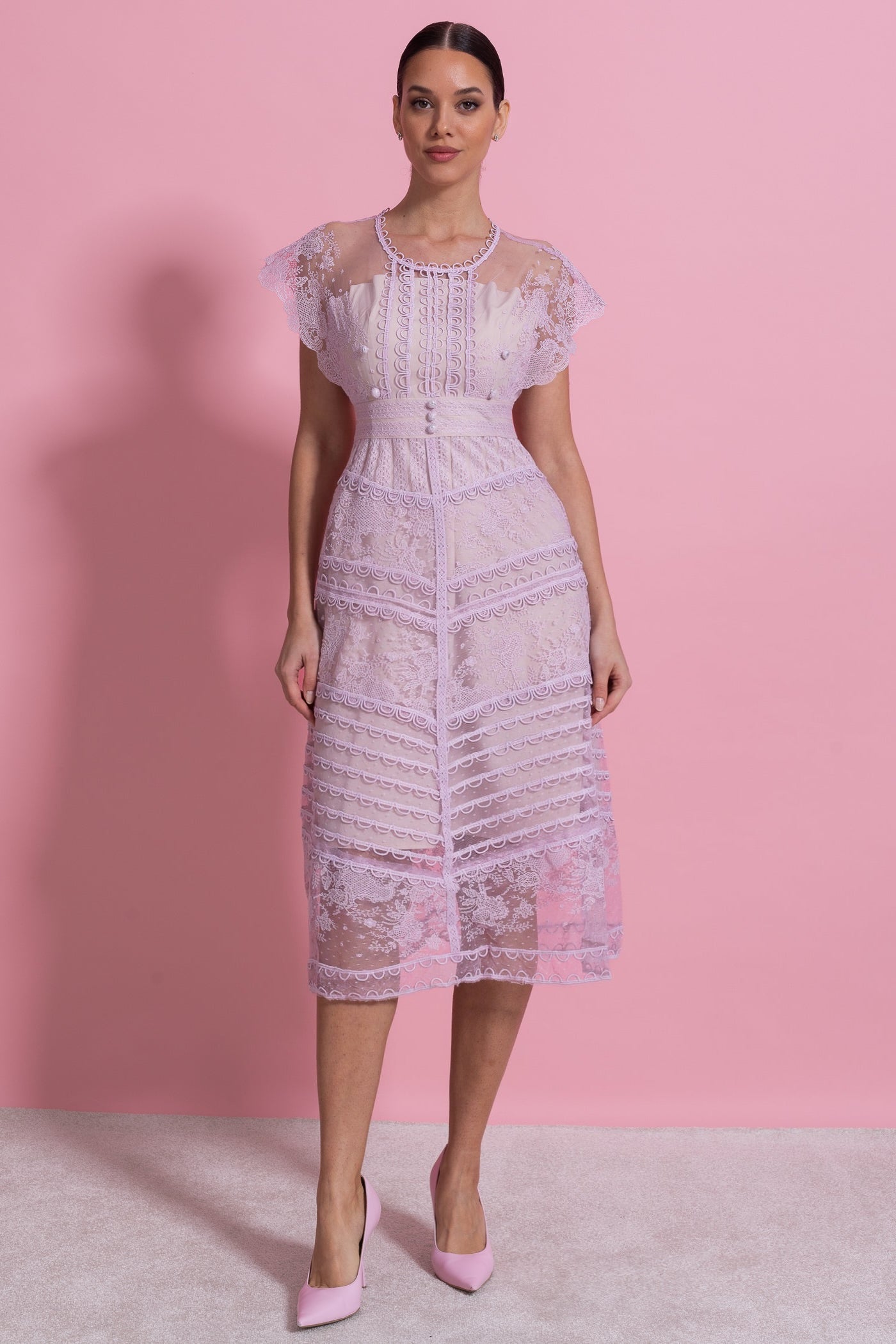 Lace Cap Sleeve Midi Dress With Scalloped Trims And Pearl Button Detail - Lilac - ICYBOO