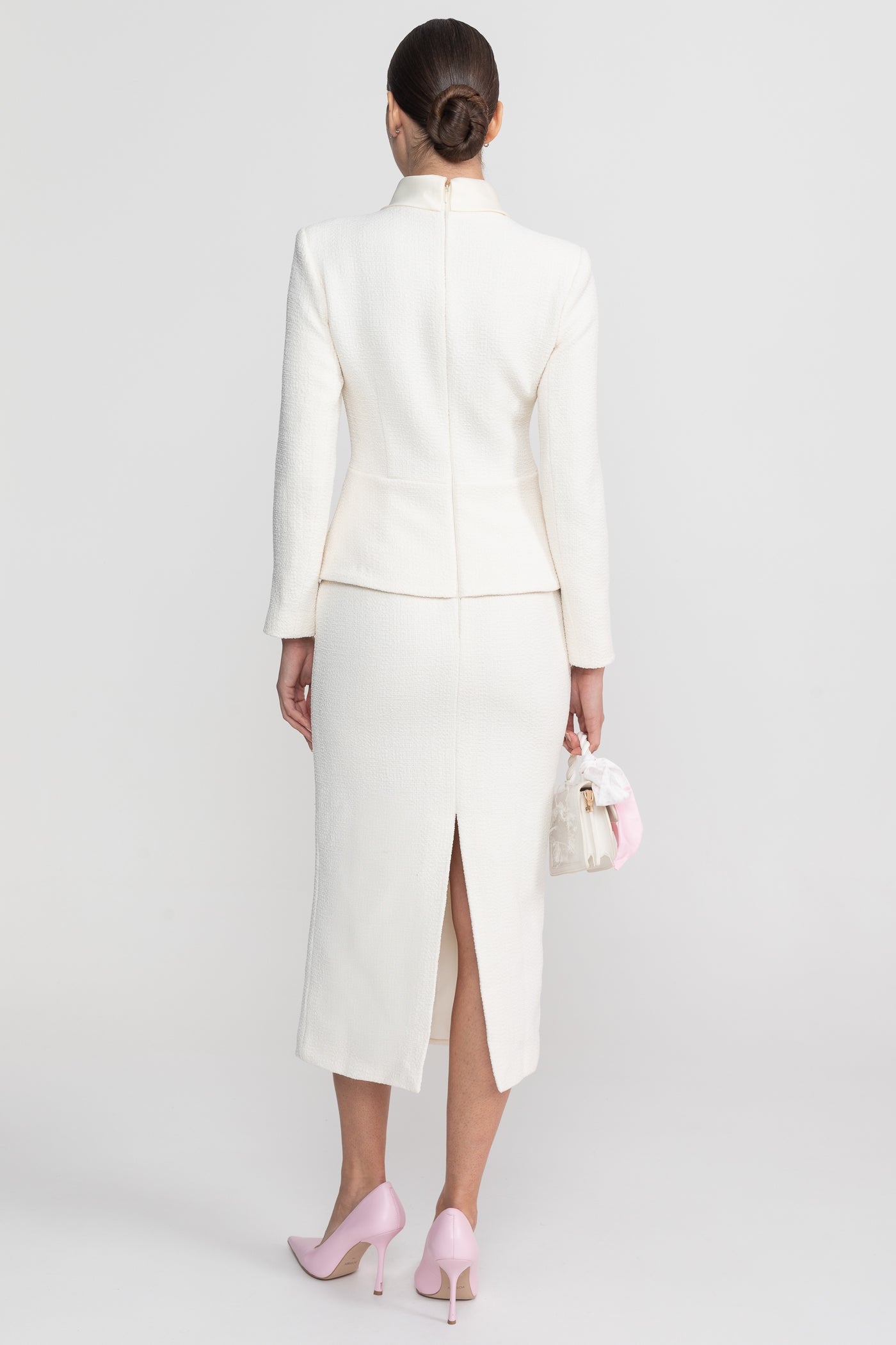 Textured Midi Dress With High Neck Jacket And Crystal Button Detail - White - ICYBOO
