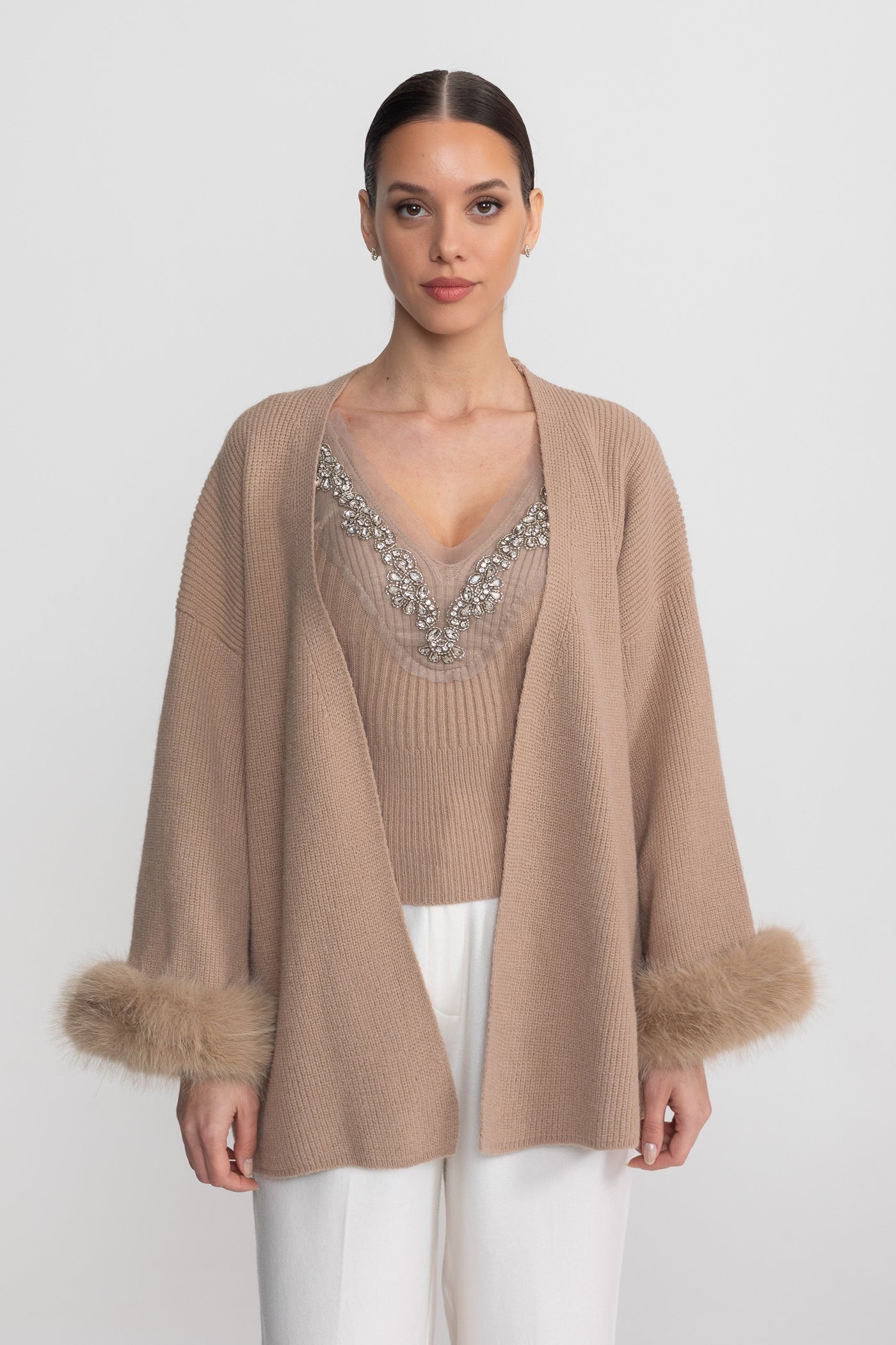 Knit Two Piece Set With Crystal Embellishments And Trim Cuffs - Beige - ICYBOO