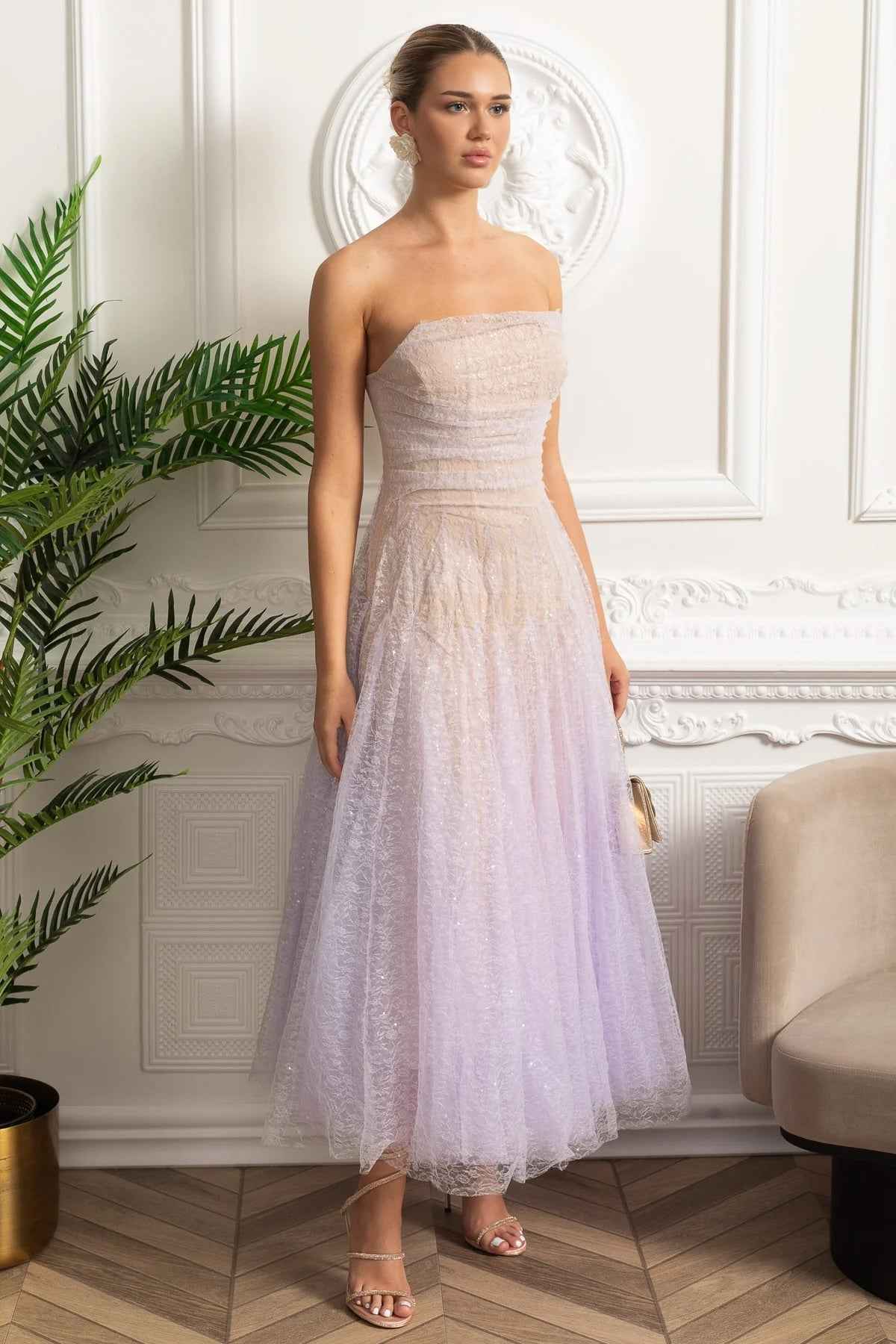 Lilac Gradient | STRAPLESS FITTED MIDI COCKTAIL PARTY DRESS