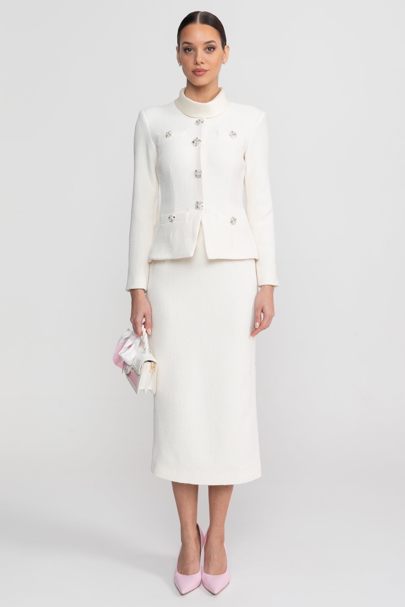 Textured Midi Dress With High Neck Jacket And Crystal Button Detail - White - ICYBOO