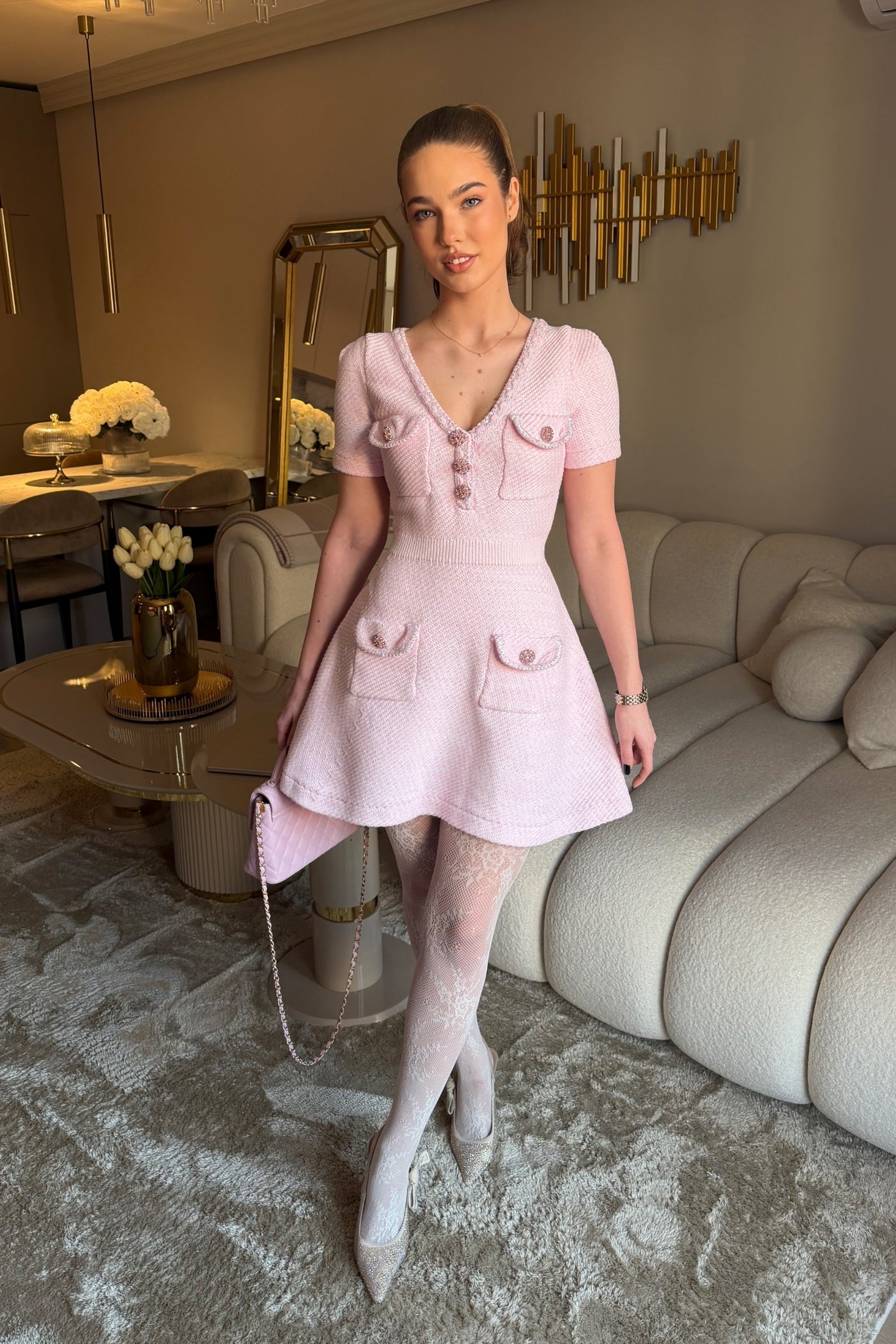 Textured Short Sleeve Mini Dress With V-Neckline And Jewel Buttons - Pink - ICYBOO