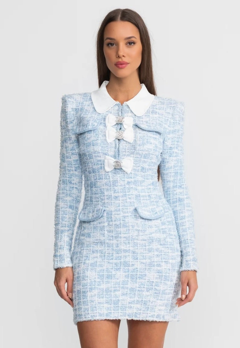 Tweed Mini Dress with Contrast Collar and Bow Embellishments - Light Blue - ICYBOO