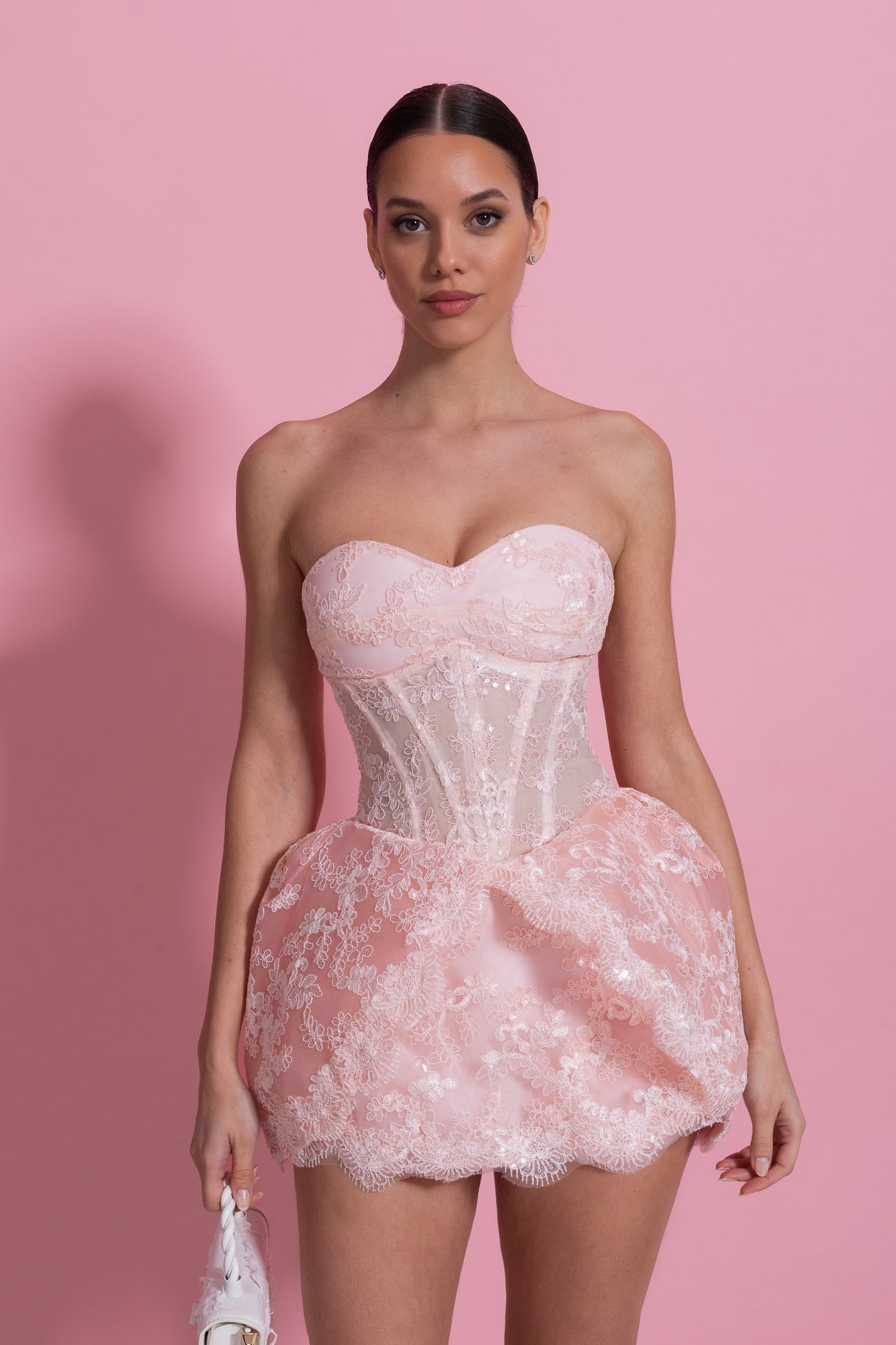 Strapless Lace Mini Dress With Corset Bodice And Bubble Hem Skirt - Blush Pink - ICYBOO