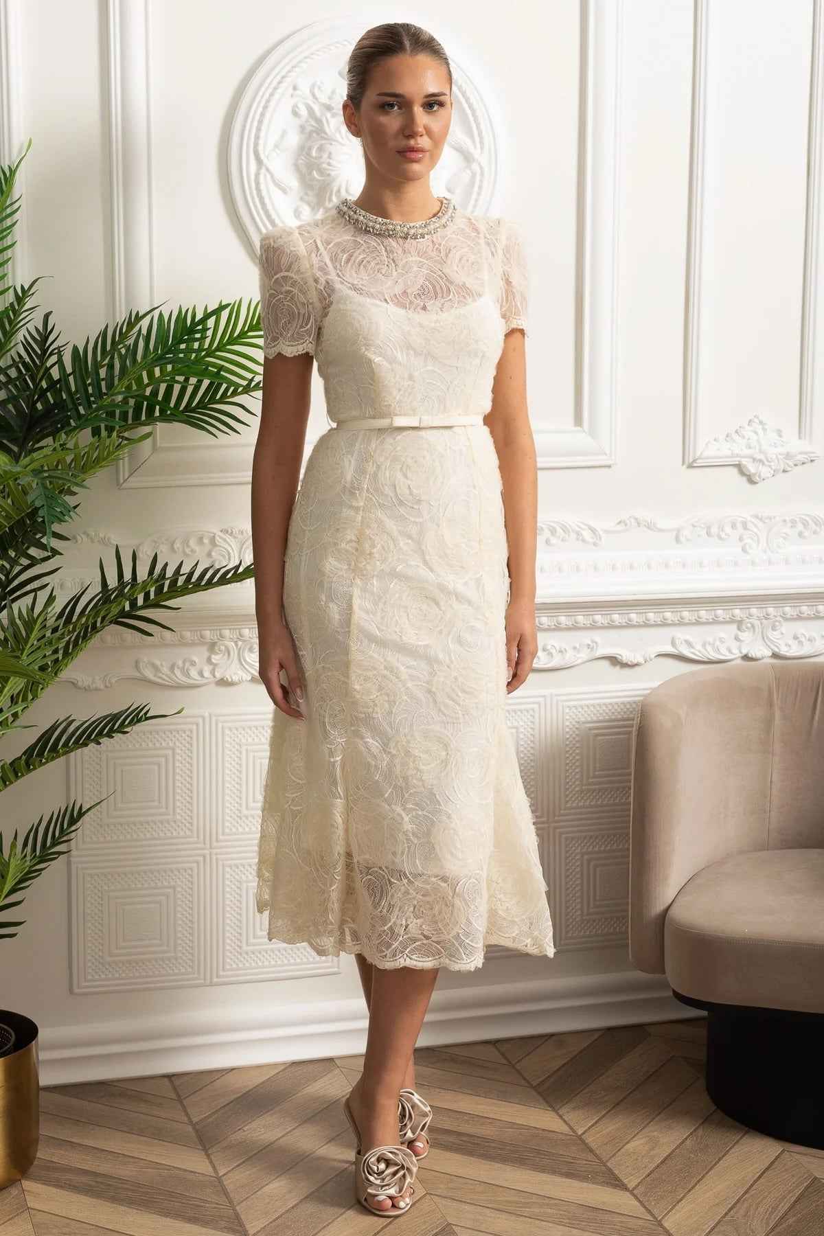 Ivoire | LACE FLORAL MIDI COCKTAIL PARTY DRESS