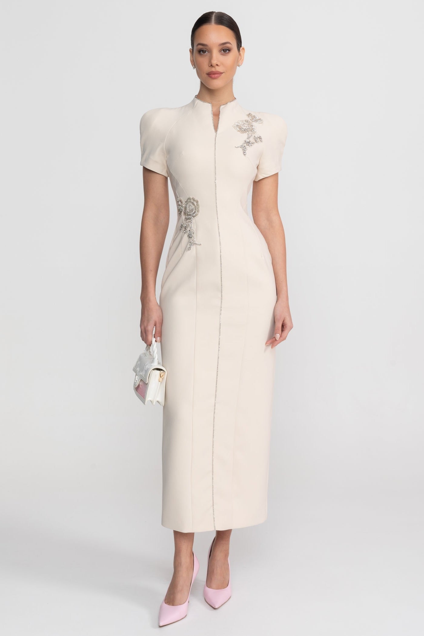 Short Sleeve Midi Dress With High Split Neckline And Sparkling Embellishments - Ivoire - ICYBOO