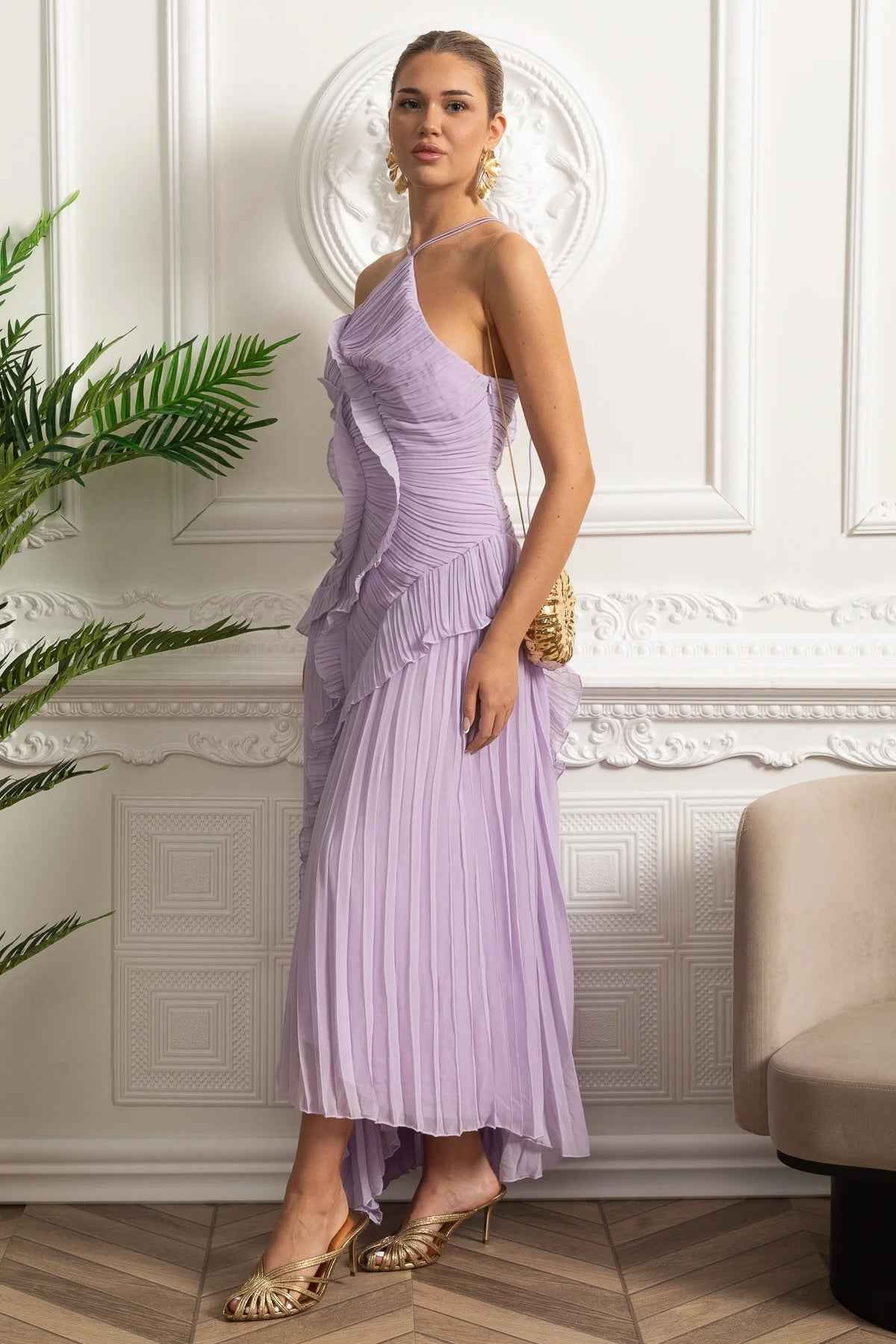 Lavender Pleated | PLEATED HALTER MIDI COCKTAIL PARTY DRESS