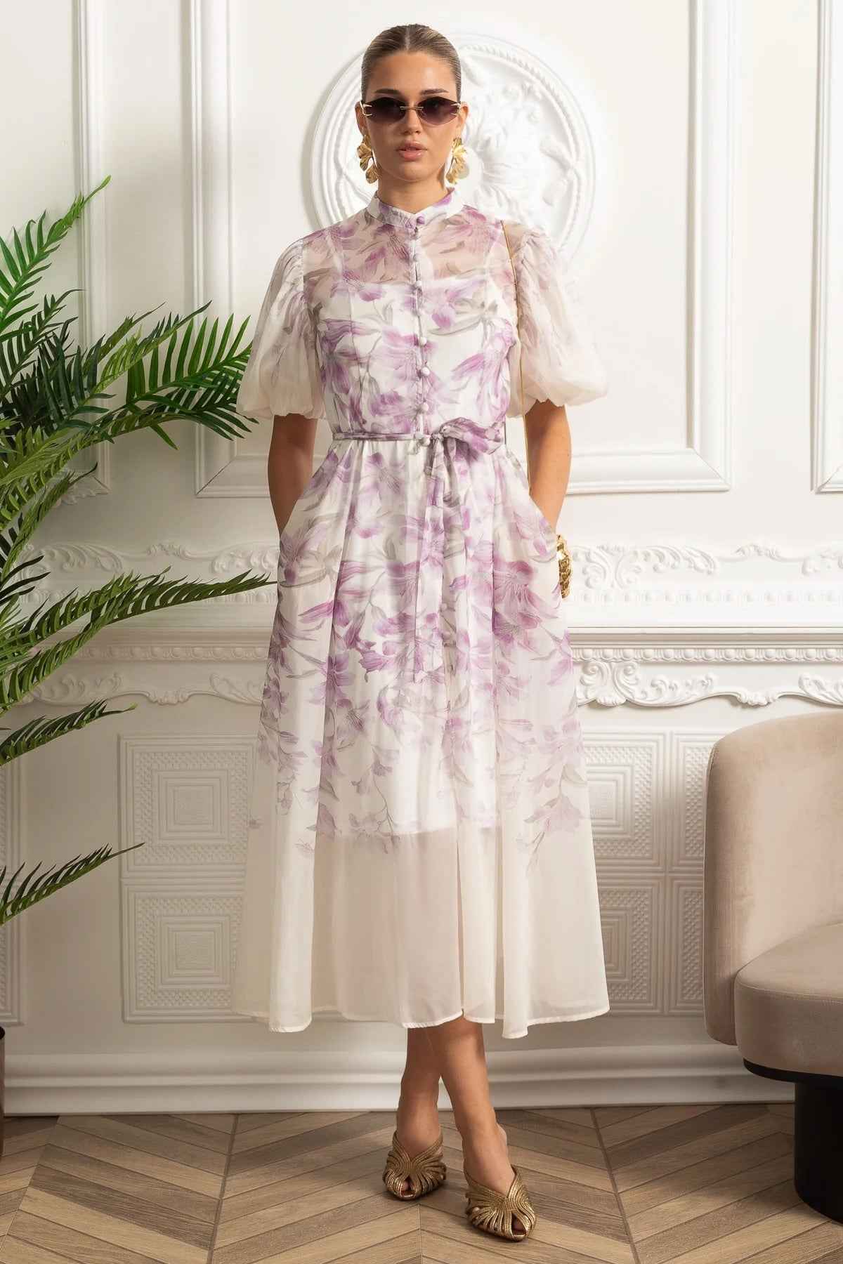 Sheer Silk Botanical | FLORAL PUFF-SLEEVE MIDI SUMMER DRESS