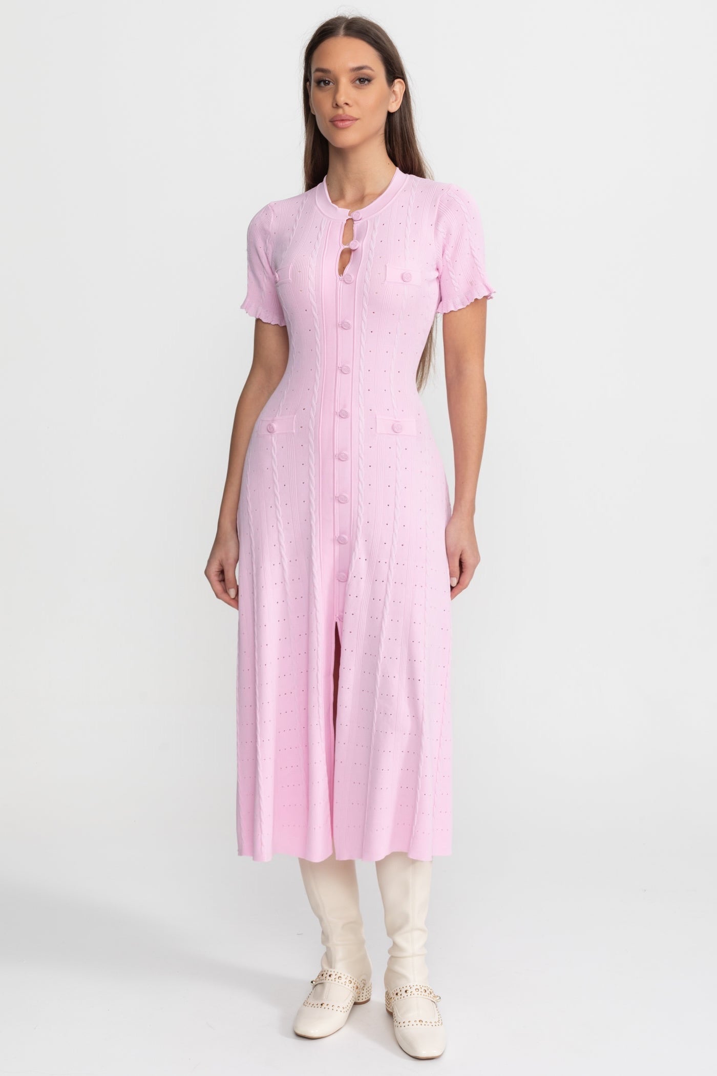 Knit Button-Front Midi Dress with Scalloped Sleeves – Pink - ICYBOO
