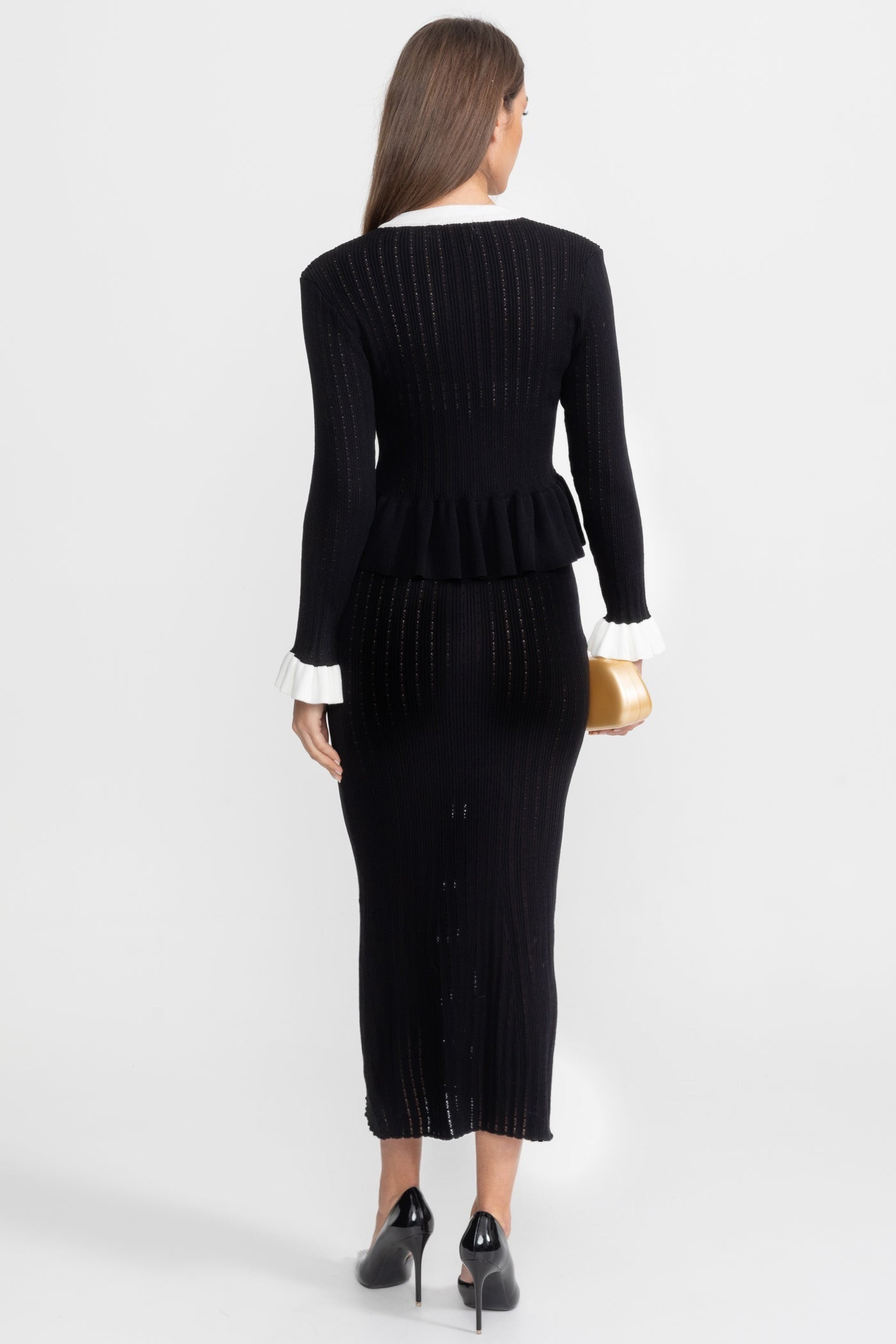 Pointelle Knit Midi Co-Ord with Contrast Trim – Black - ICYBOO