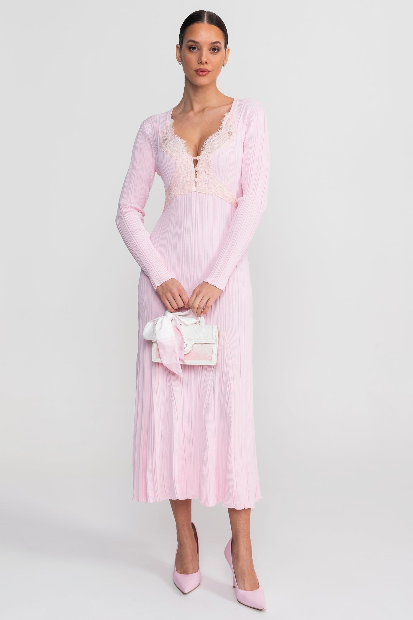 Ribbed Long Sleeve Midi Dress With Lace-Trim V-Neckline - Baby Pink - ICYBOO