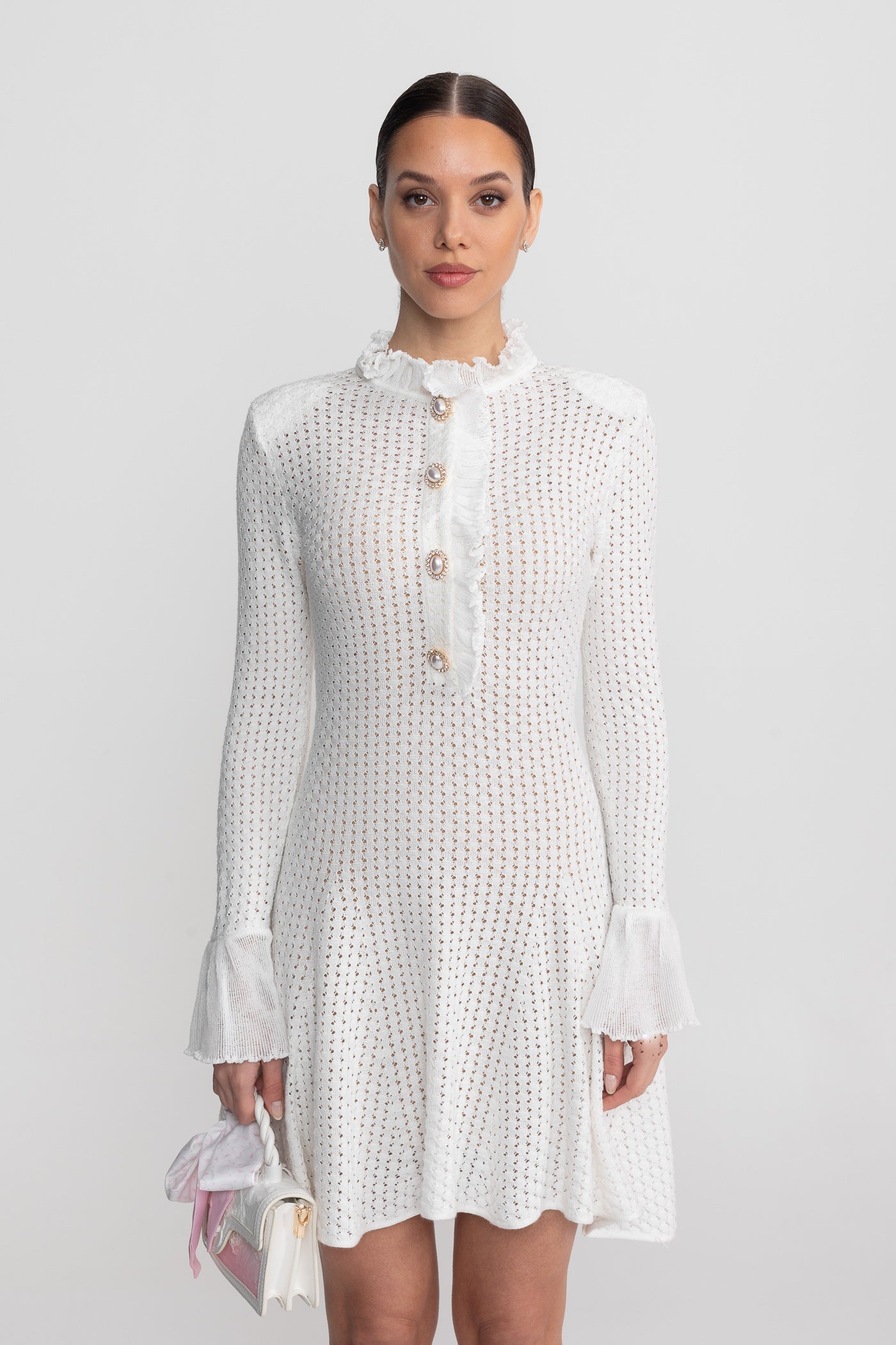 Open-Knit Mini Dress With Ruffle High Neck And Pearl Button Placket - White - ICYBOO