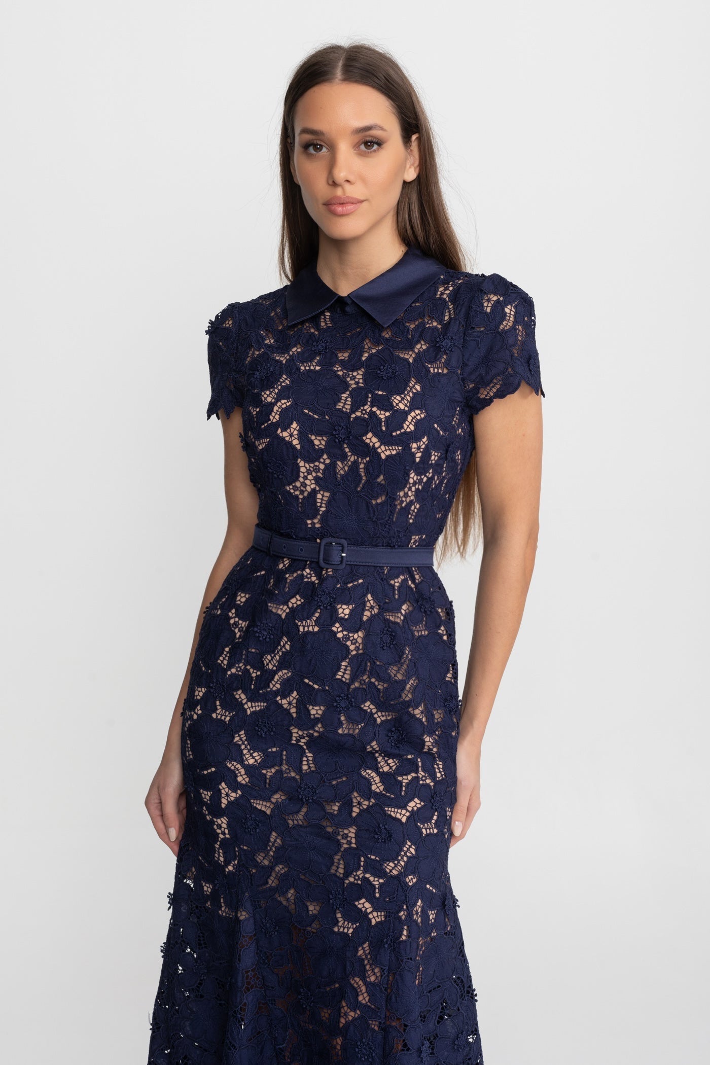 Lace Midi Dress with Belted Waist and Collared Neckline – Navy - ICYBOO