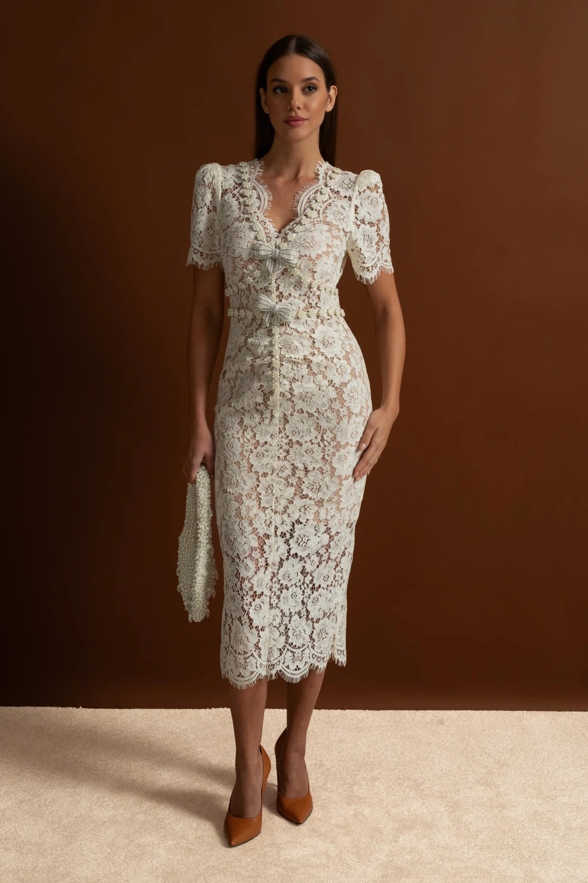 Embellished Lace Midi Dress With Bow Detailing – Ivoire - ICYBOO