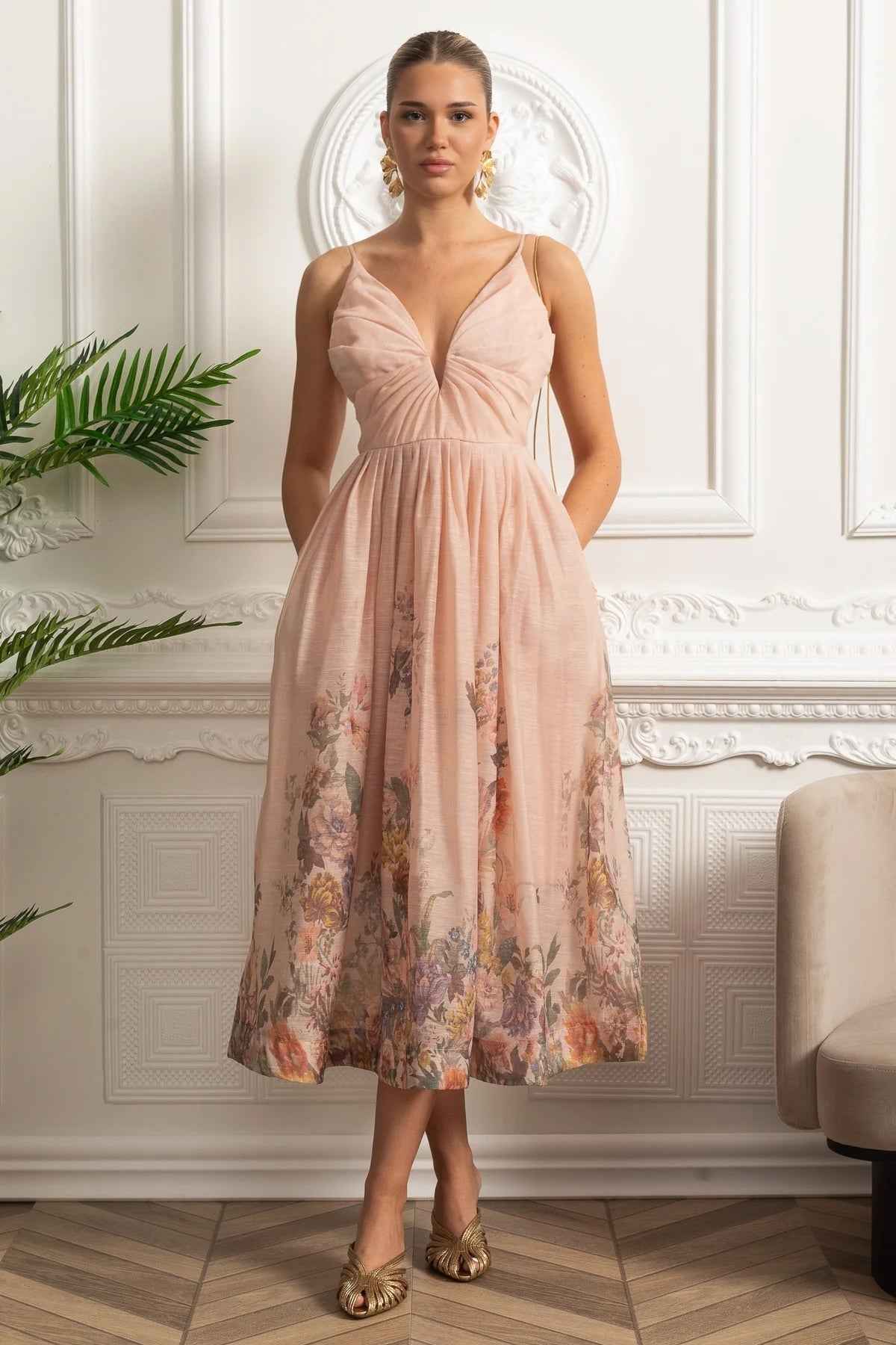 Blush Ruched | RUCHED FLORAL MIDI SUMMER PARTY DRESS