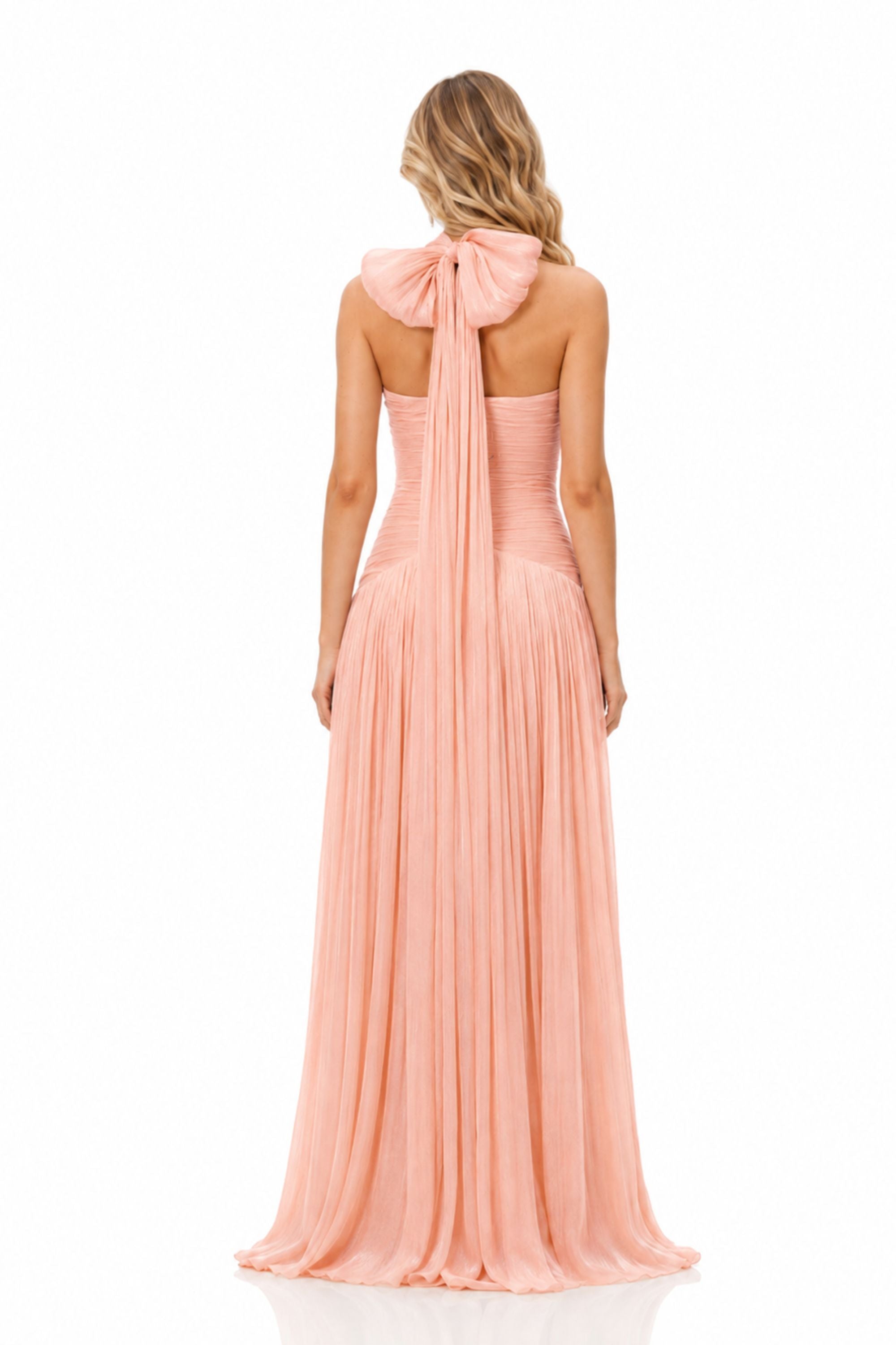 Verdelune Halter Pleated Slit Maxi Dress