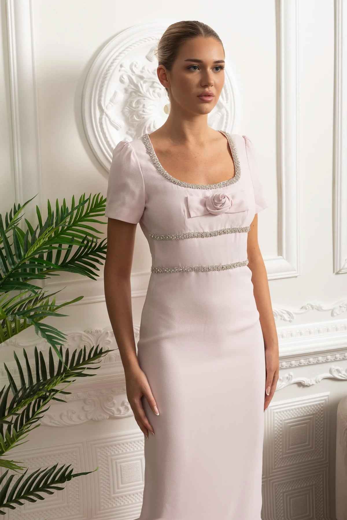 Embroidered Rose | FITTED EMBROIDERED MIDI COCKTAIL PARTY DRESS
