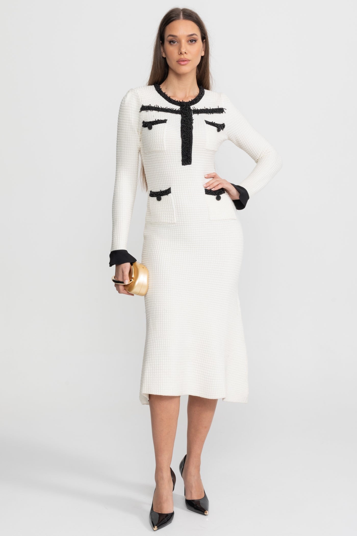 Textured Midi Dress with Contrast Embroidered Trim – Ivoire - ICYBOO