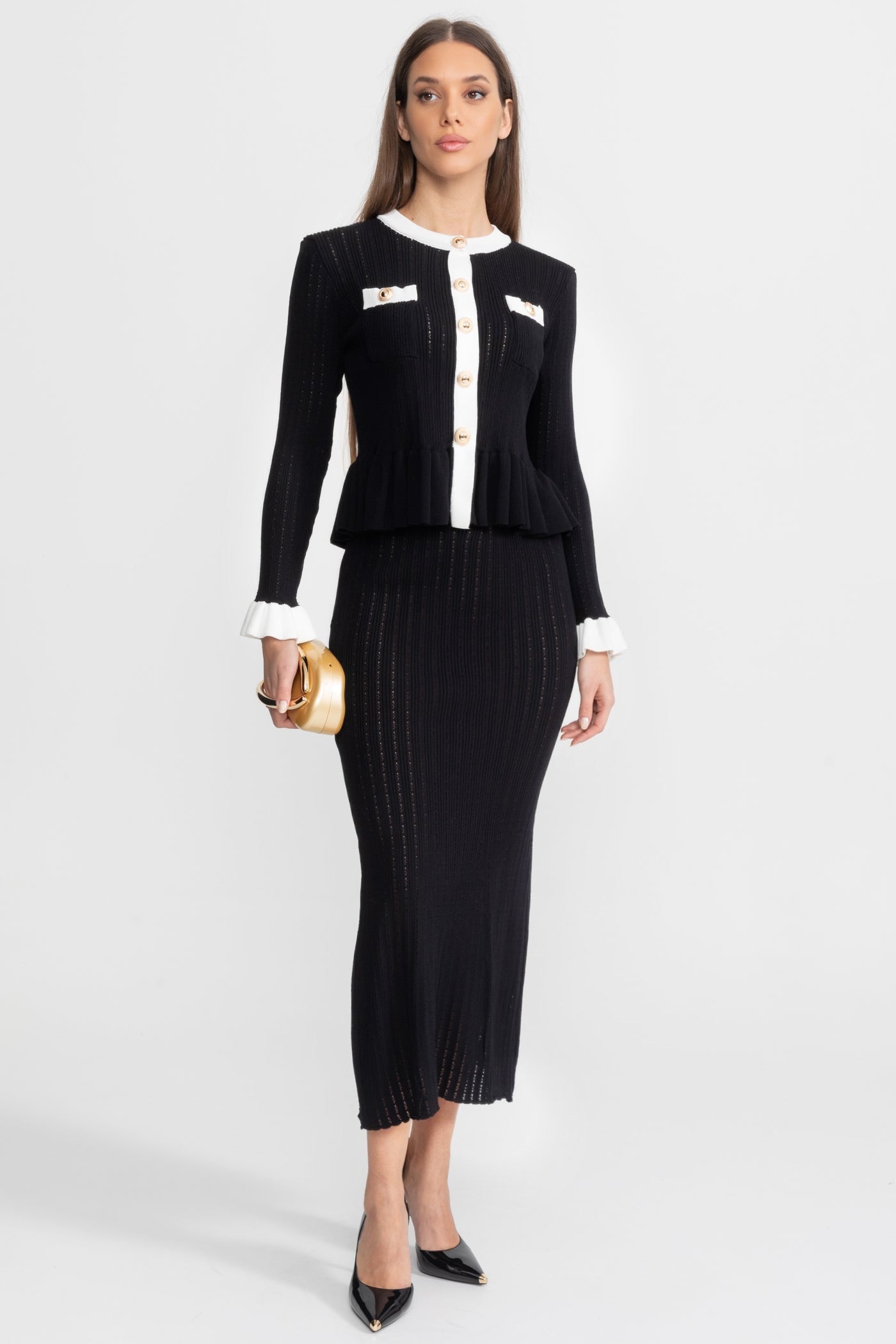 Pointelle Knit Midi Co-Ord with Contrast Trim – Black - ICYBOO
