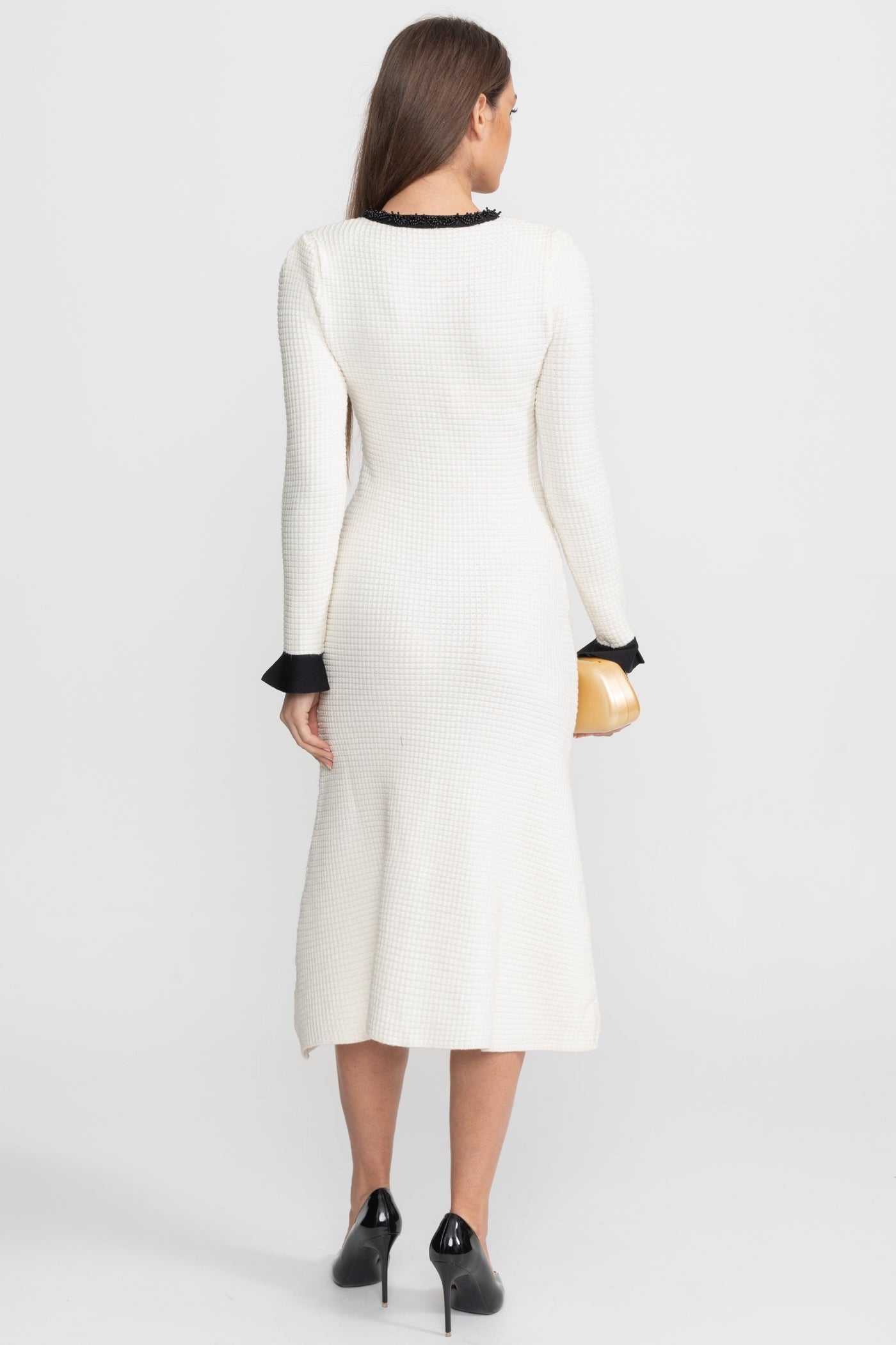 Textured Midi Dress with Contrast Embroidered Trim – Ivoire - ICYBOO
