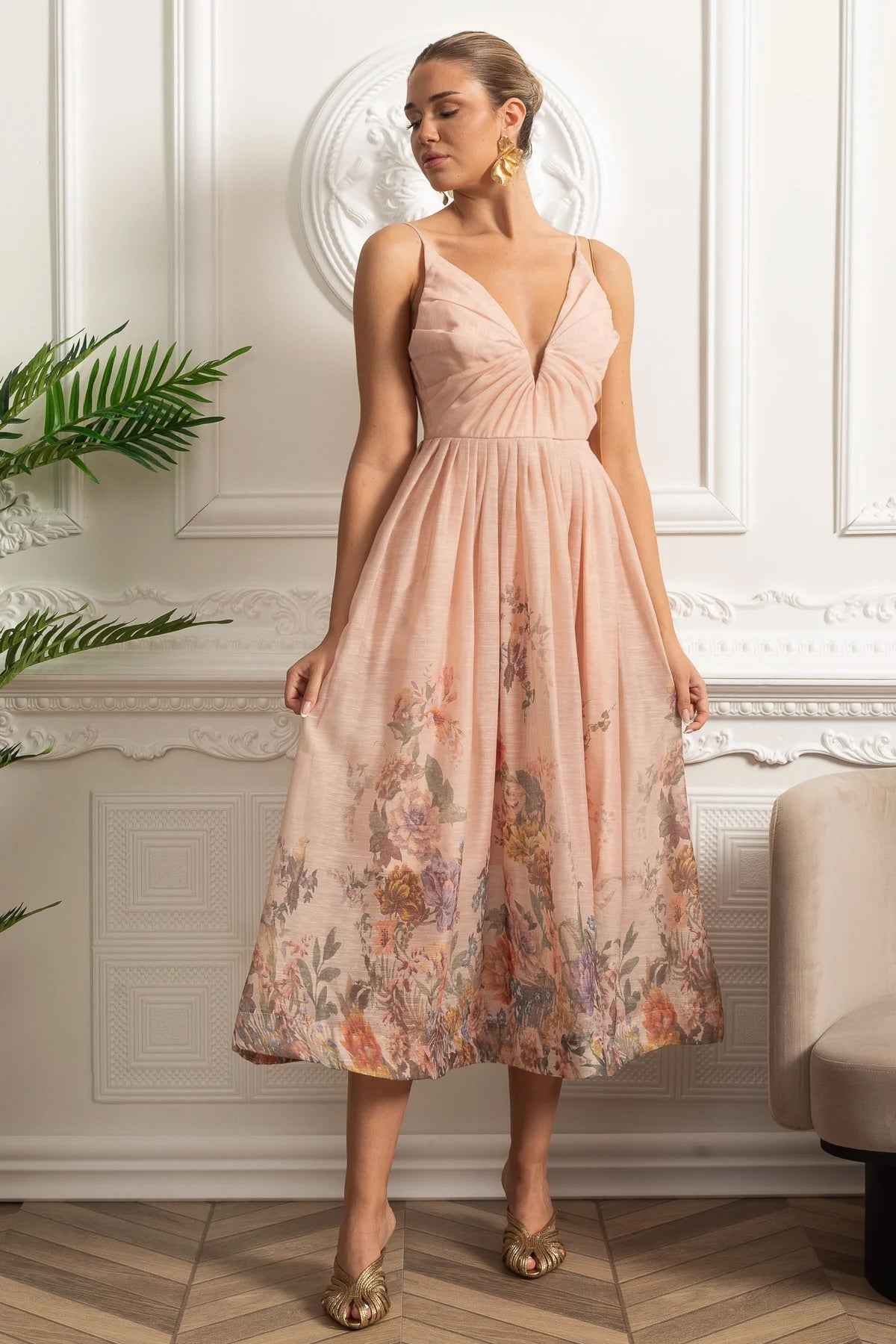Blush Ruched | RUCHED FLORAL MIDI SUMMER PARTY DRESS