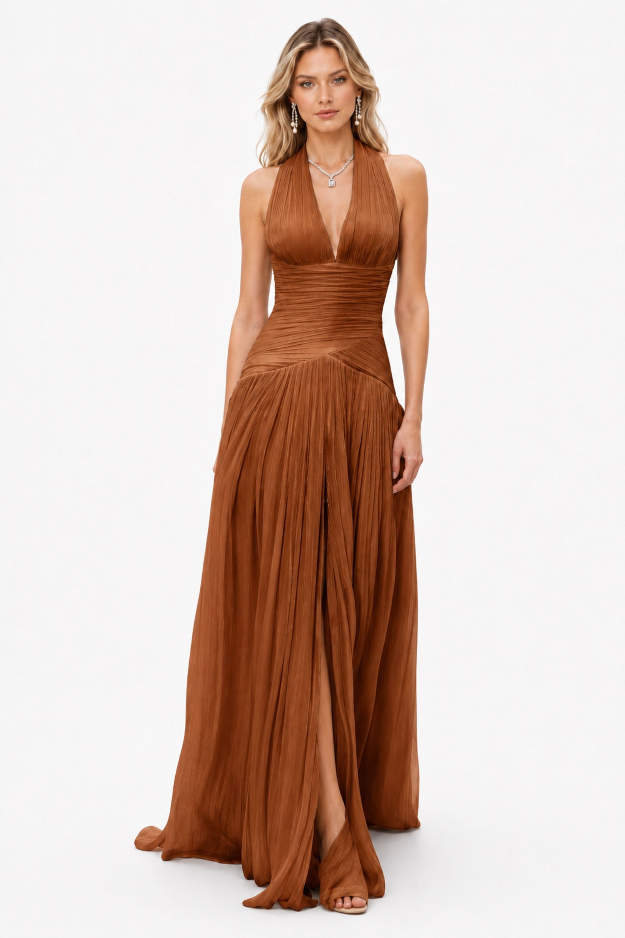 Verdelune Halter Pleated Slit Maxi Dress