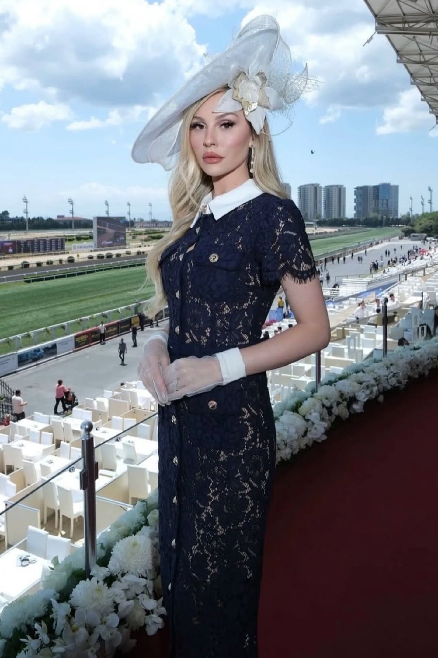 Floral Lace Midi Dress with Tailored Collar and Belted Waist - Navy - ICYBOO