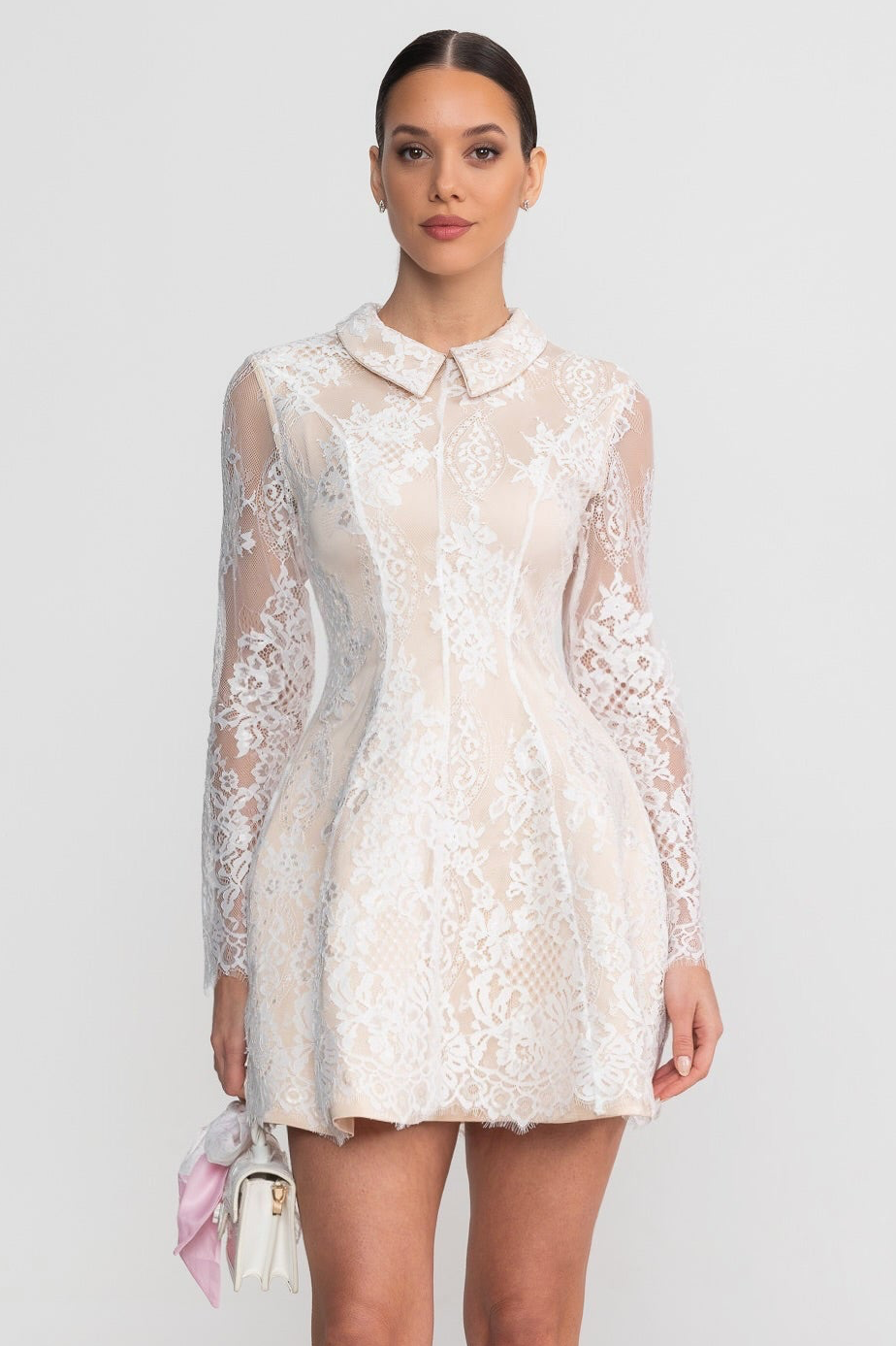 Long Sleeve Lace Mini Dress With Collared Neckline With Sheer Overlay - Ivoire - ICYBOO
