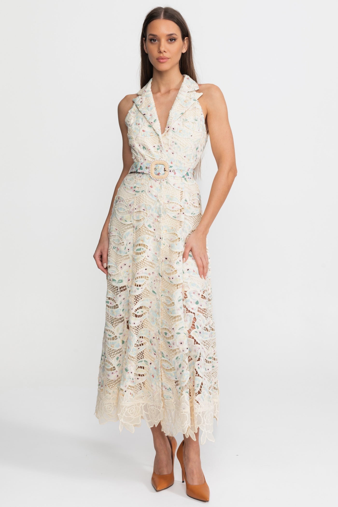 Halter Lace Midi Dress with Belted Waist – Ivoire - ICYBOO