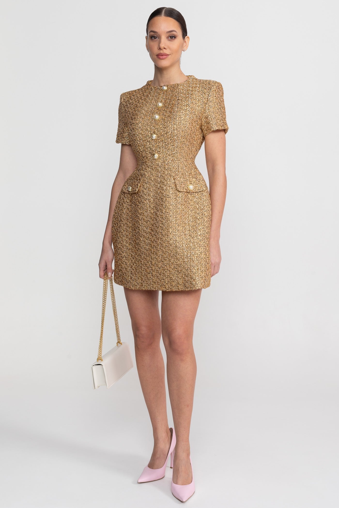Tweed Mini Dress With Round Neckline And Pearl Button Detail - Gold - ICYBOO