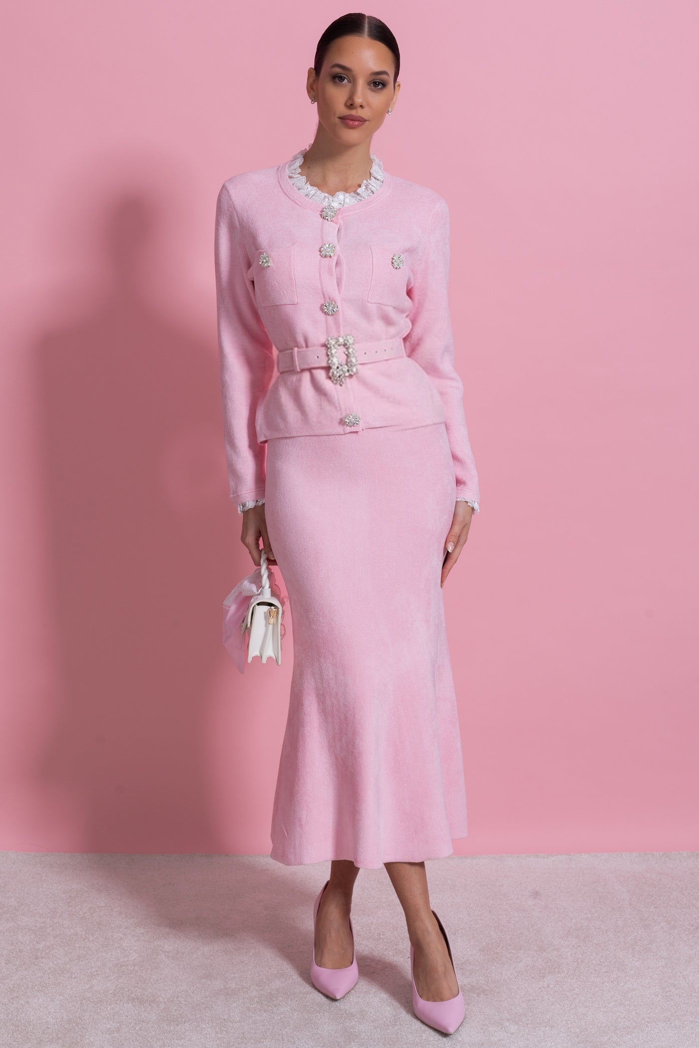 Long Sleeve Co-Ord With Fitted Knit Bodice And Crystal Button Detail - Blush Pink - ICYBOO
