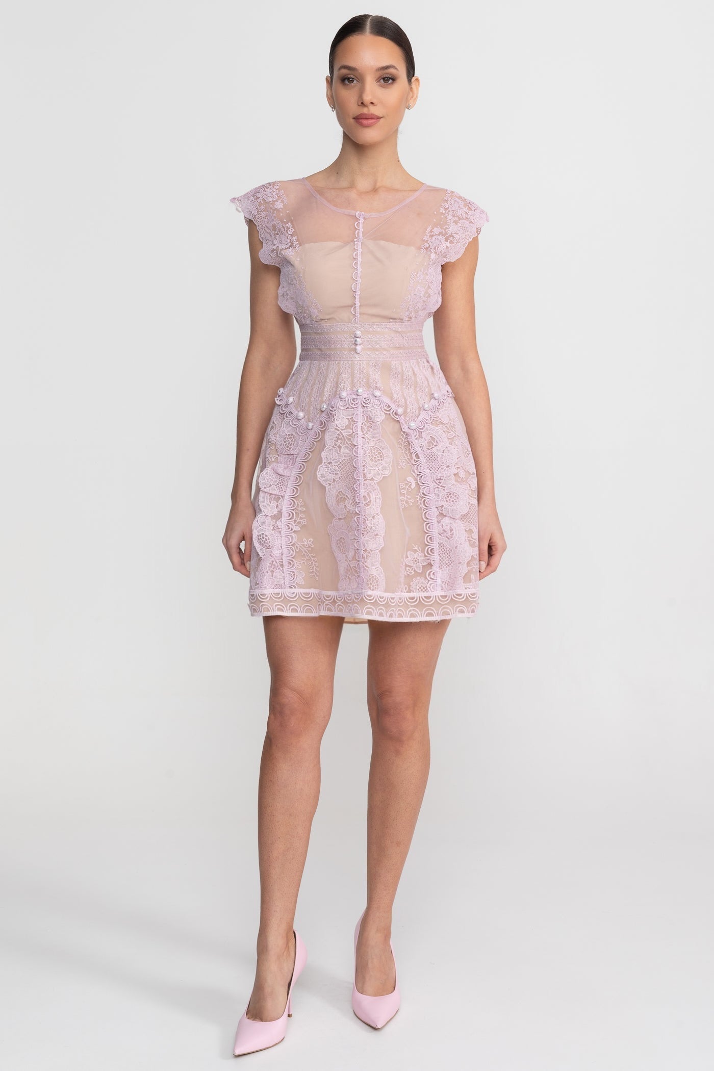 Cap Sleeve Mini Dress With Sheer Yoke And Pearl Button Detail - Lilac - ICYBOO