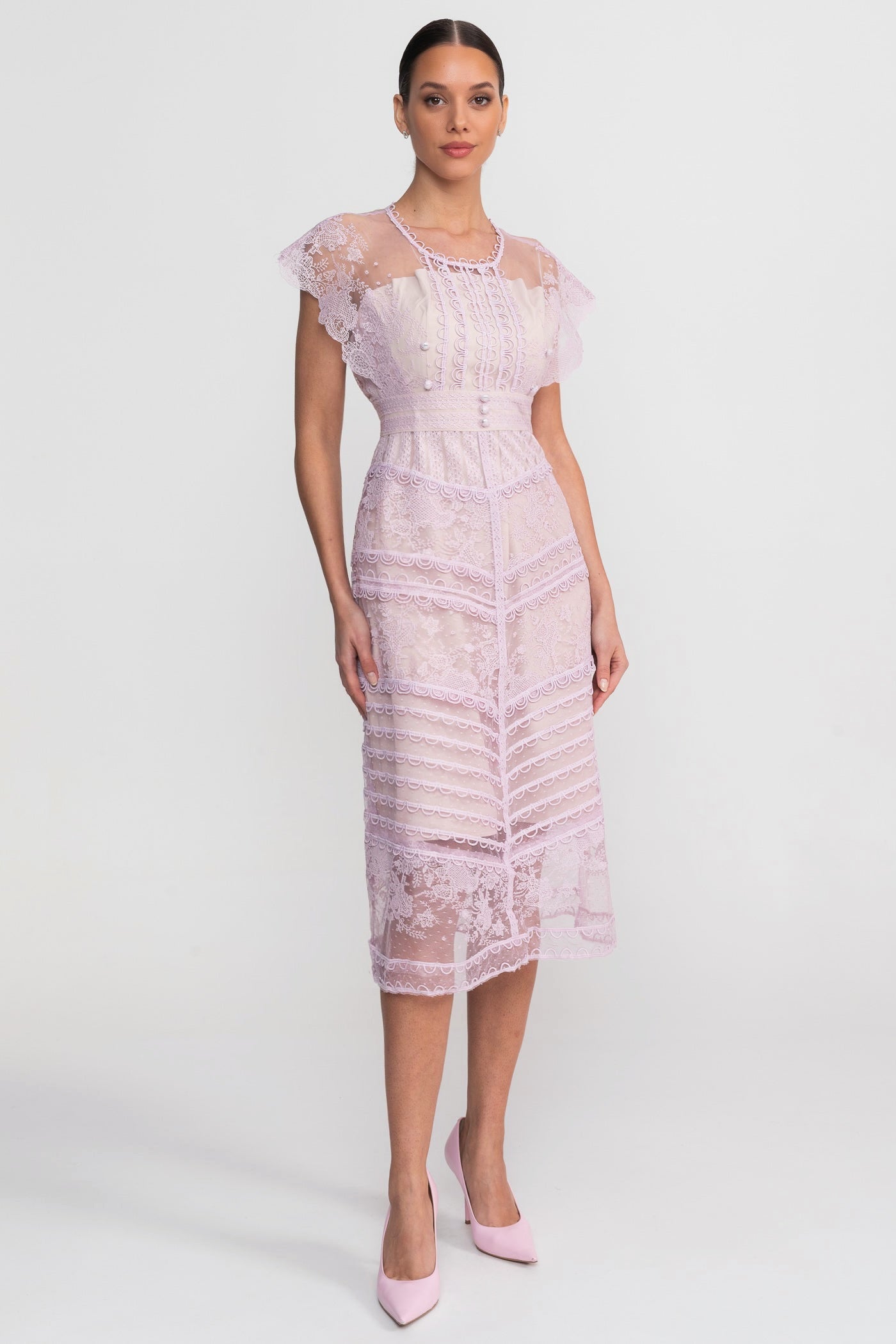 Lace Cap Sleeve Midi Dress With Scalloped Trims And Pearl Button Detail - Lilac - ICYBOO