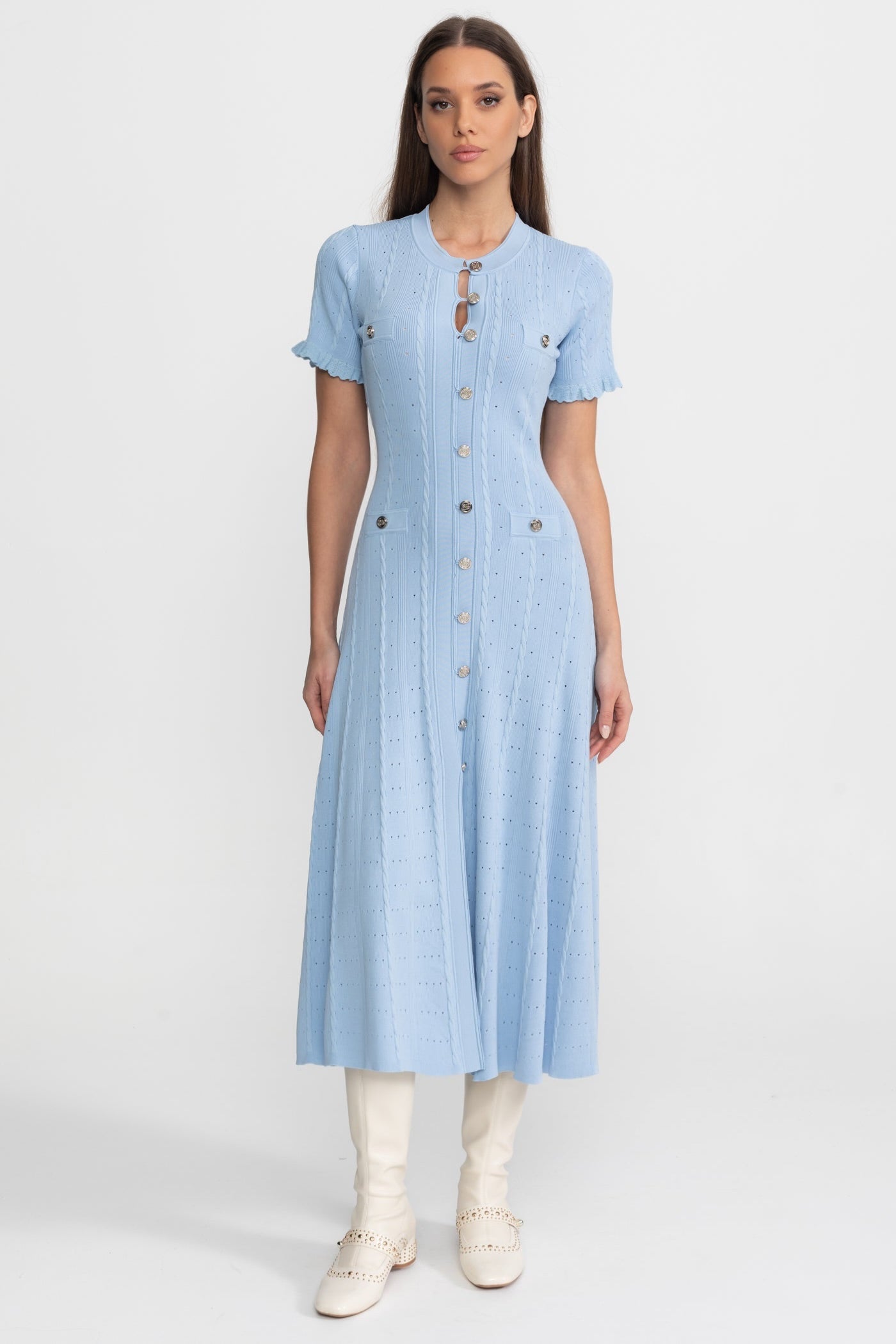 Knit Button-Front Midi Dress with Scalloped Sleeves – Baby Blue - ICYBOO
