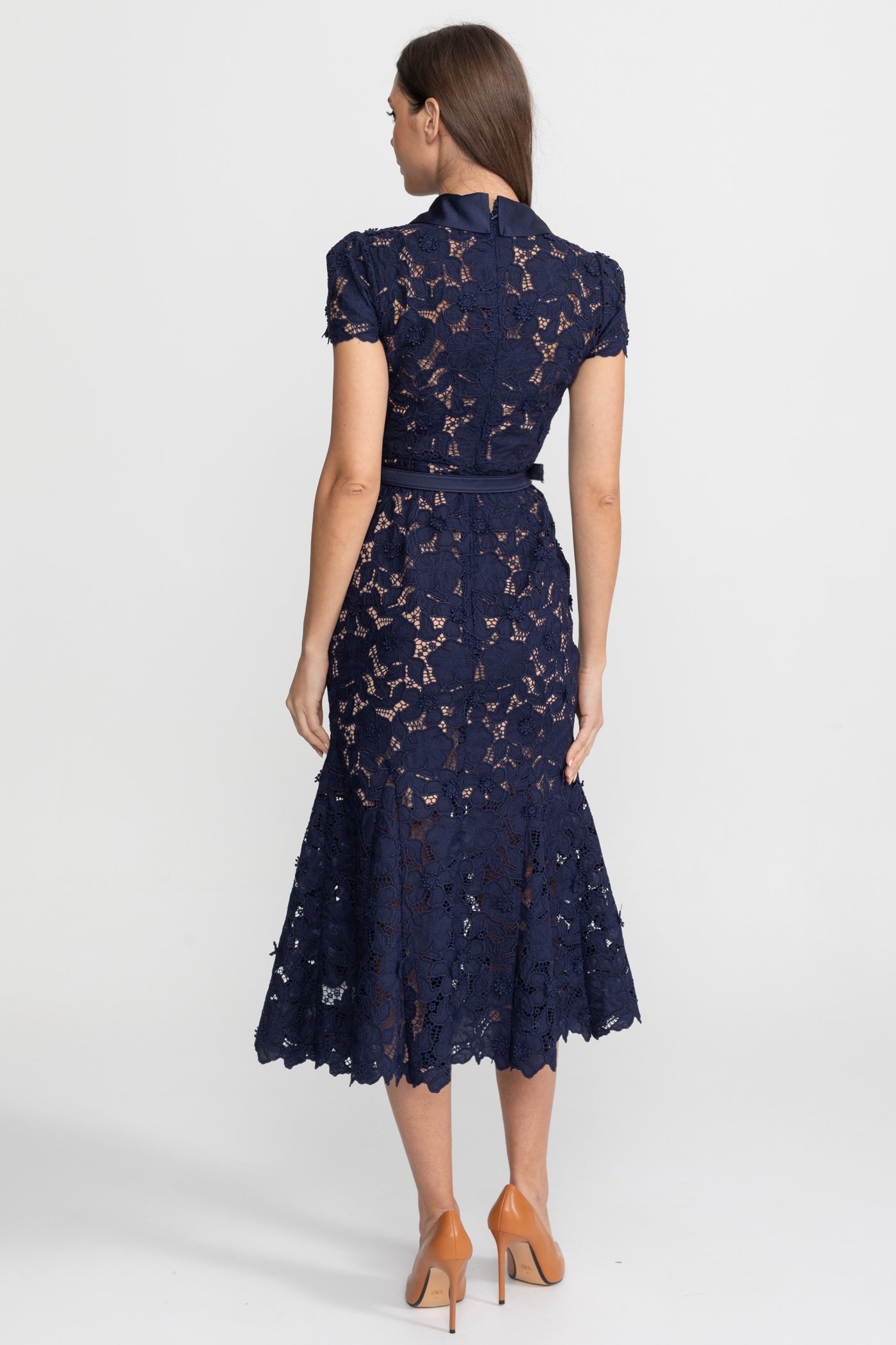 Lace Midi Dress with Belted Waist and Collared Neckline – Navy - ICYBOO