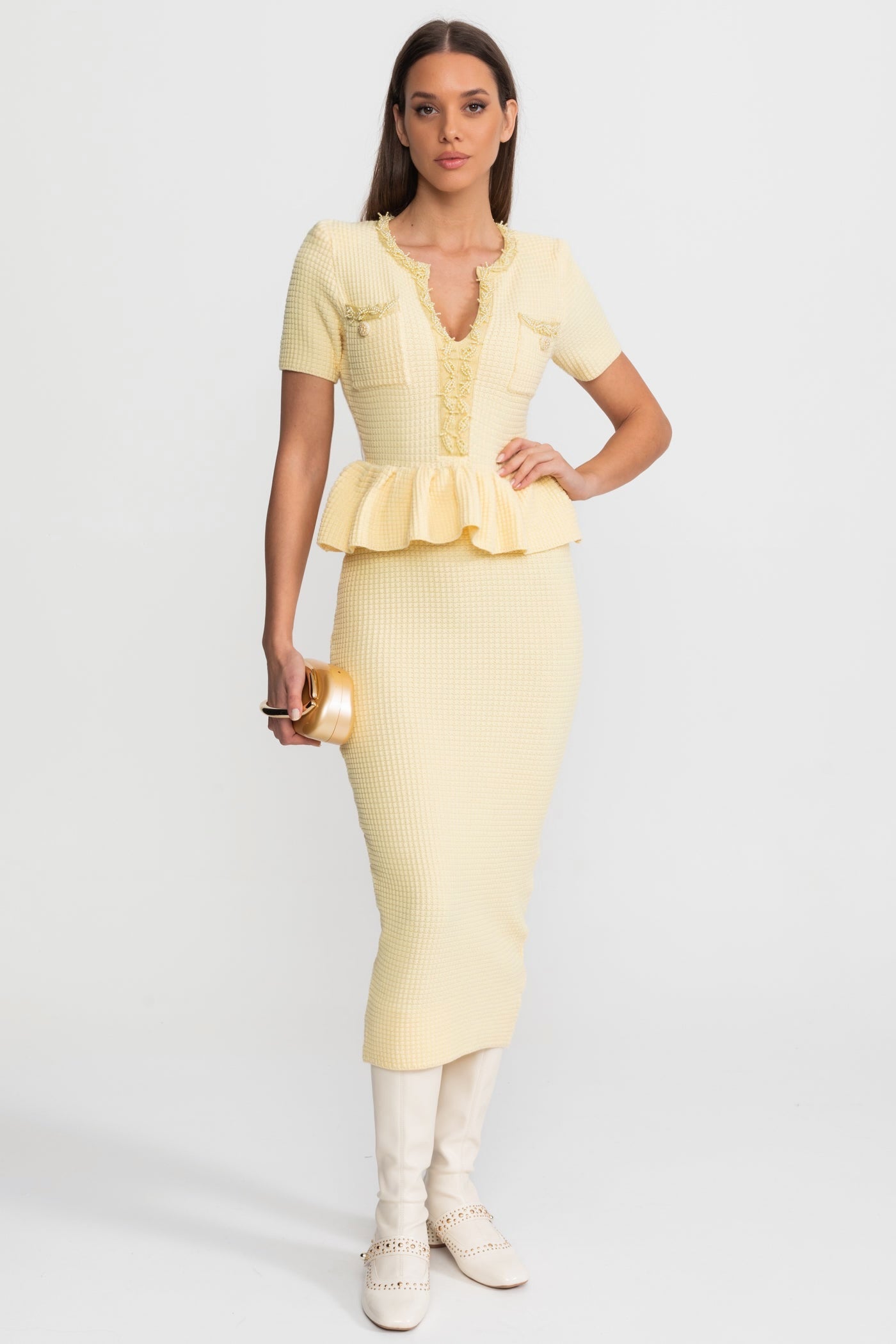 Textured Knit Midi Dress with Peplum Waist Detail – Yellow - ICYBOO