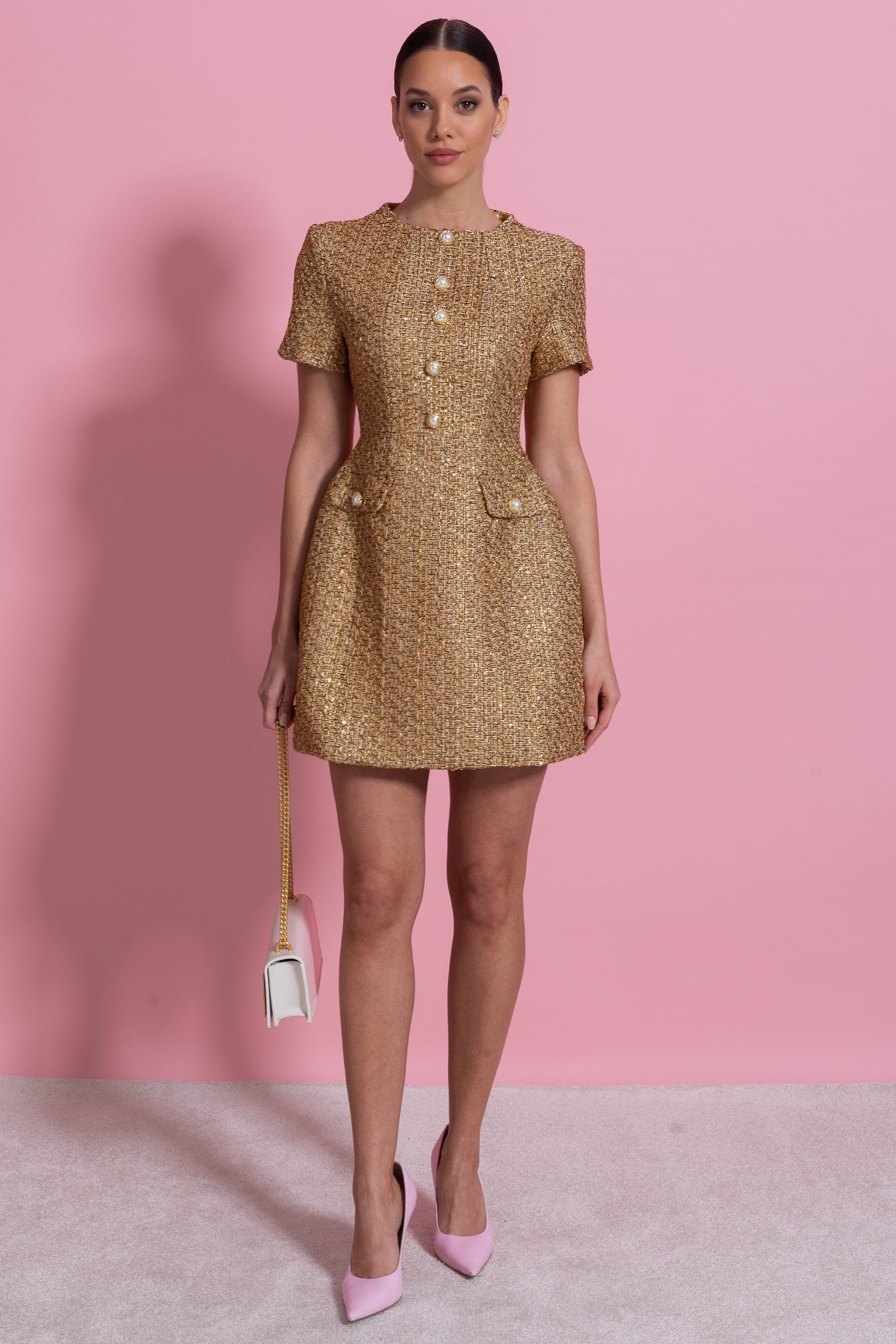Tweed Mini Dress With Round Neckline And Pearl Button Detail - Gold - ICYBOO