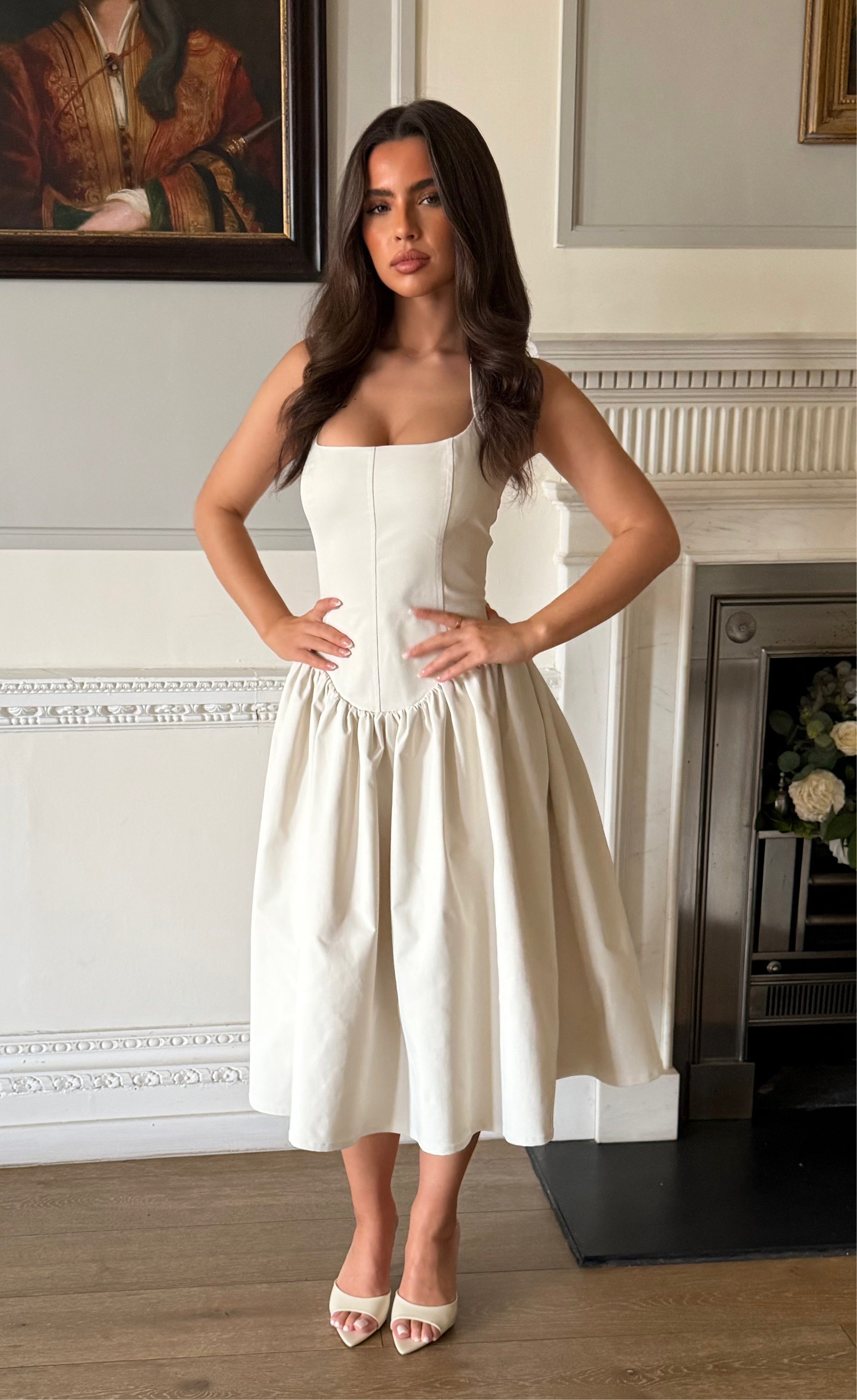BLYTHE Halterneck Structured Midi Dress In Ivory - ICYBOO