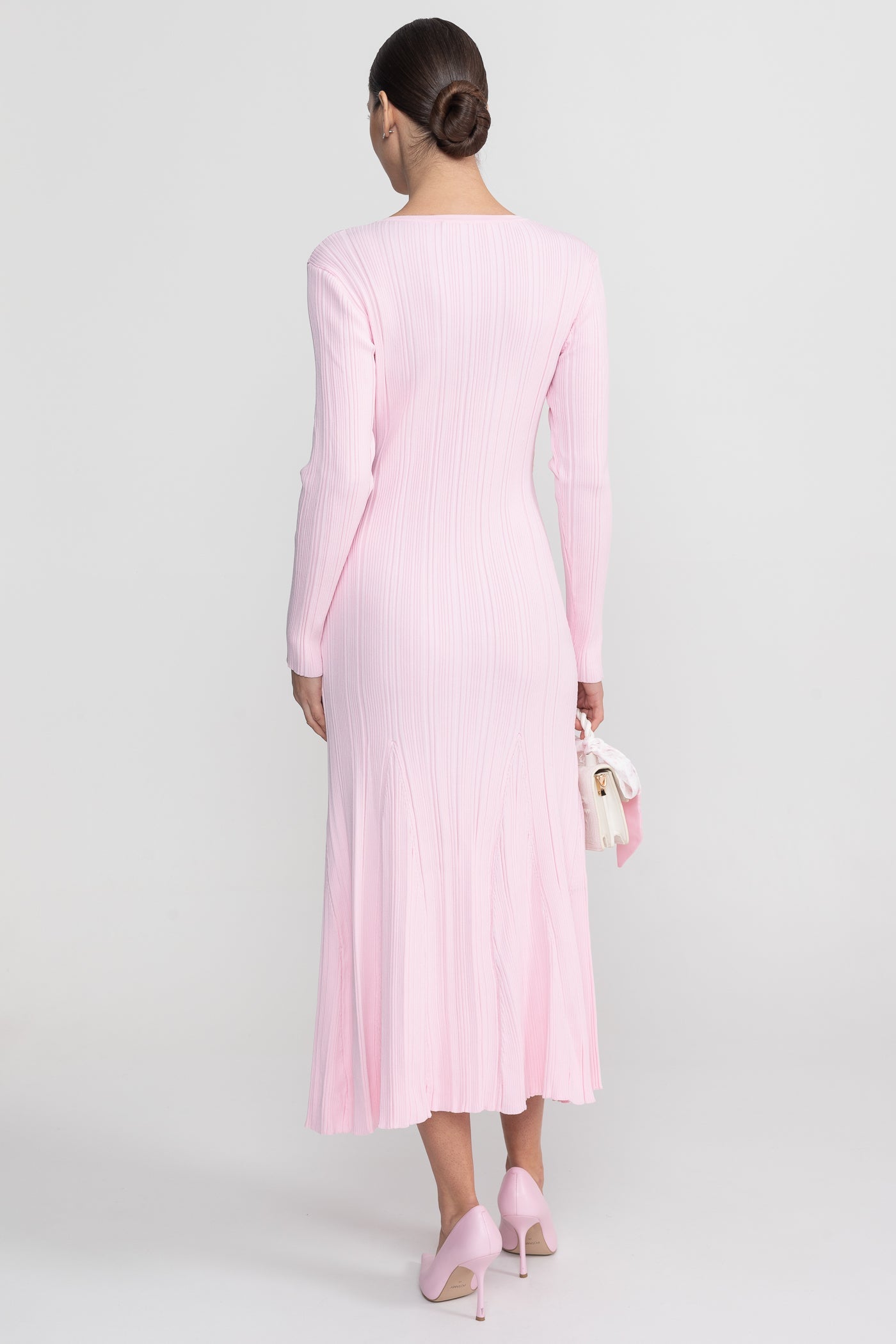 Ribbed Long Sleeve Midi Dress With Lace-Trim V-Neckline - Baby Pink - ICYBOO