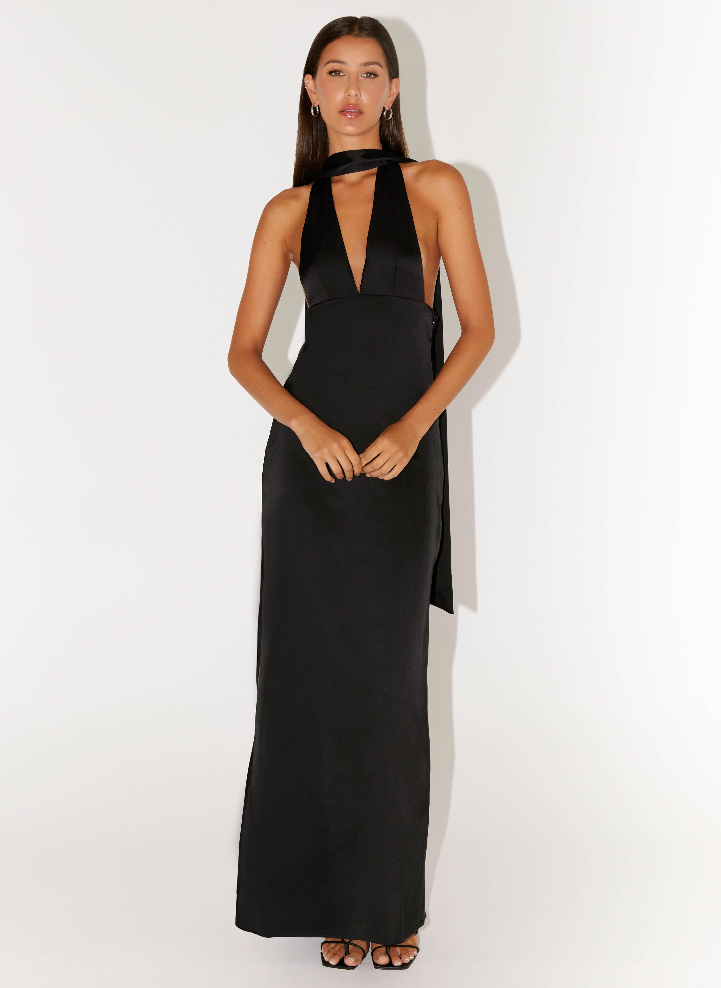 Alicia Satin Halter Maxi Dress - Black - ICYBOO