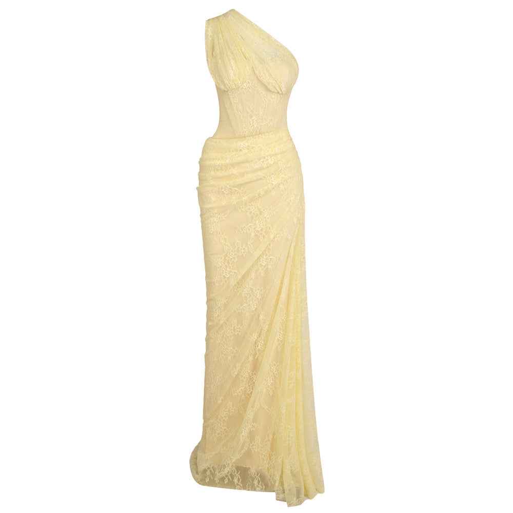 Angélique One Shoulder Draped Lace Maxi Dress Yellow