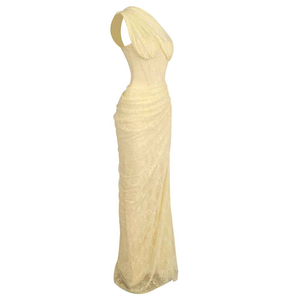 Angélique One Shoulder Draped Lace Maxi Dress Yellow