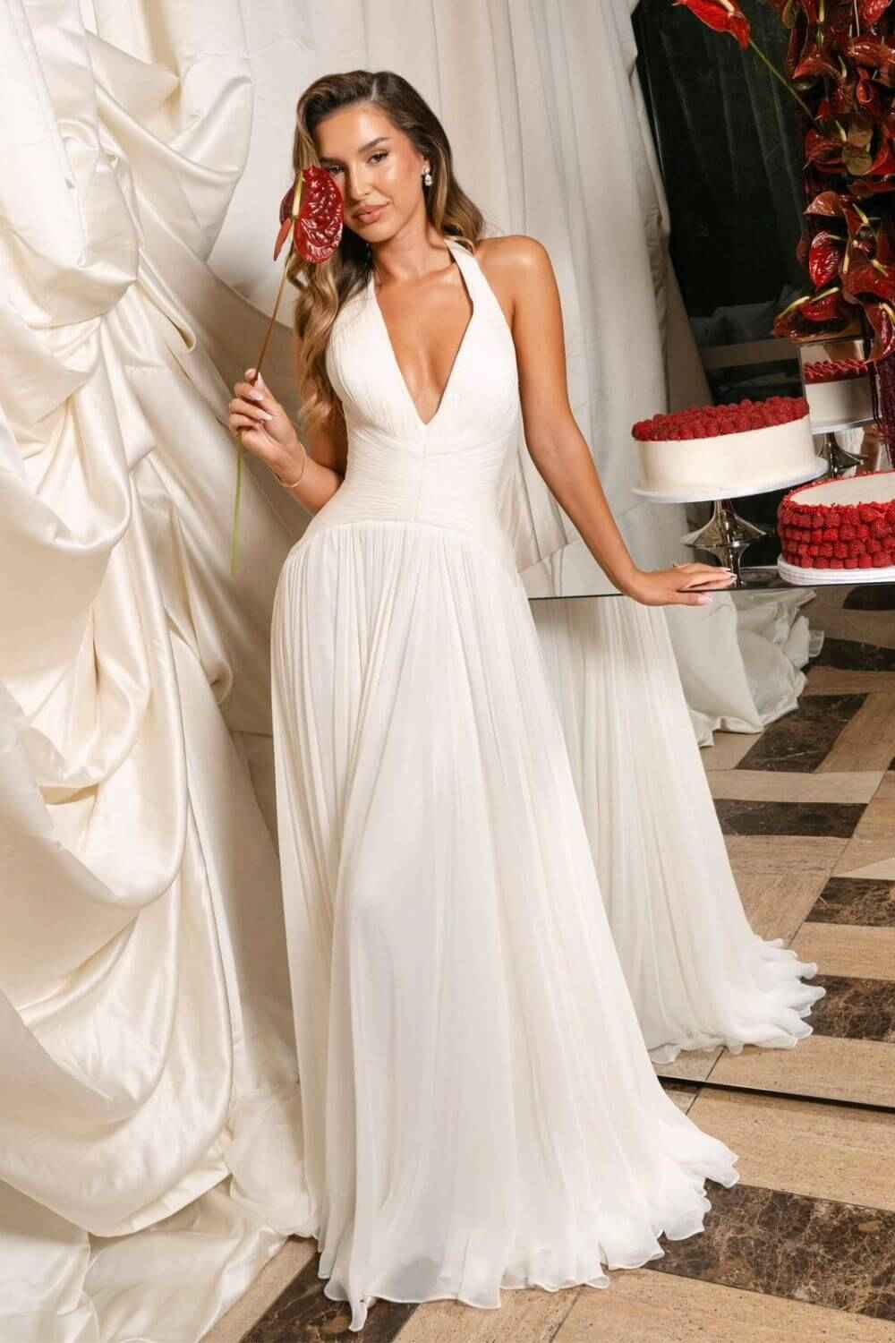 Nocturne Pleated Halter Maxi Dress