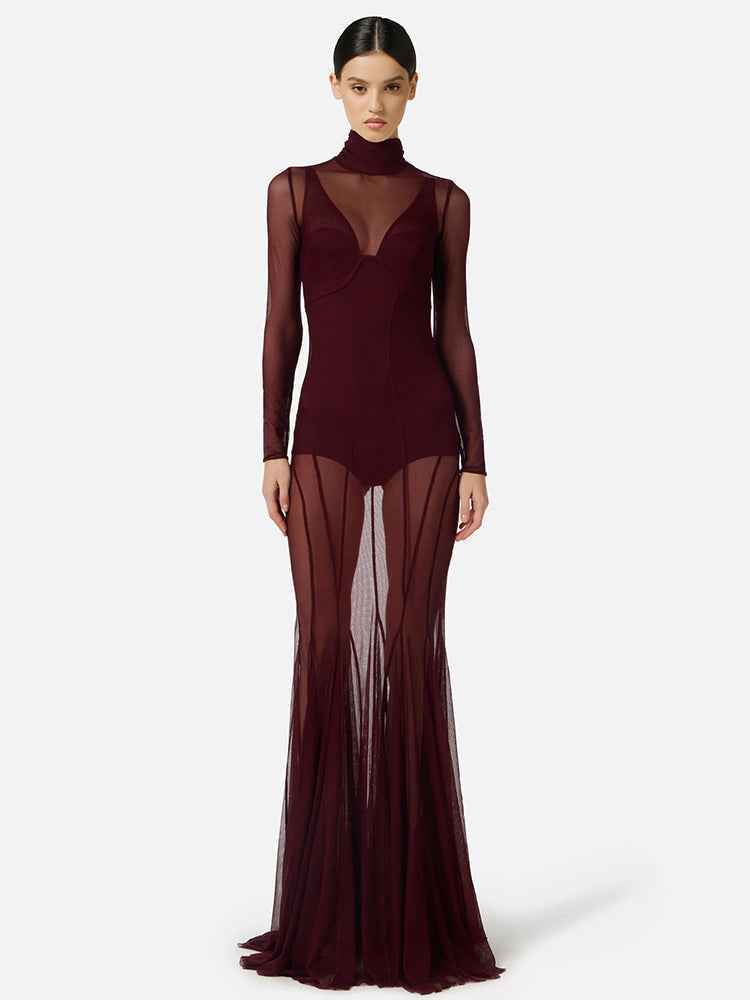 Suzanne Sheer Long Sleeve Turtleneck Maxi Dress