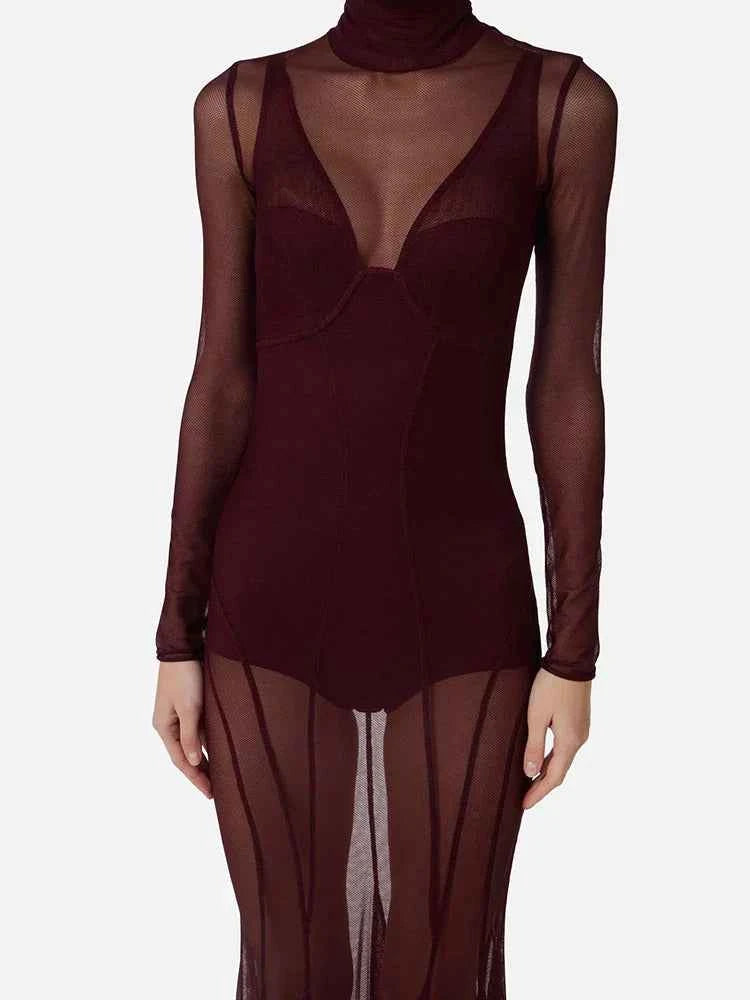 Suzanne Sheer Long Sleeve Turtleneck Maxi Dress