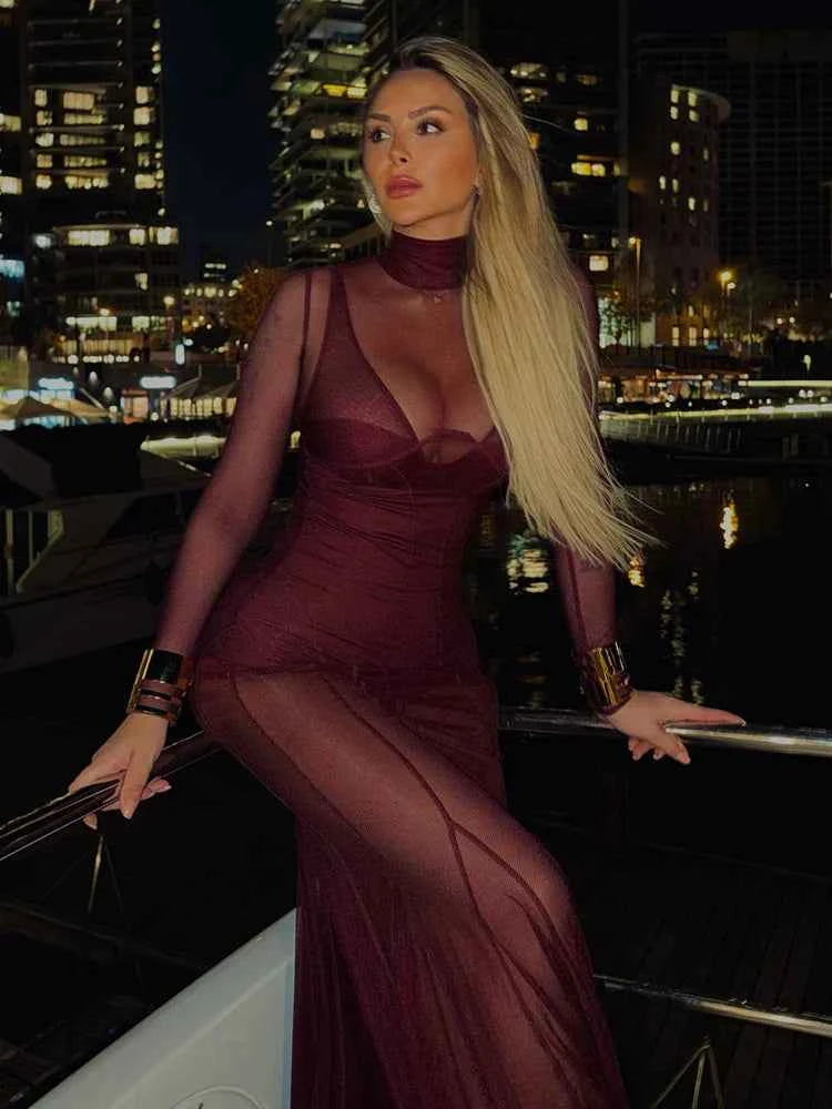 Suzanne Sheer Long Sleeve Turtleneck Maxi Dress