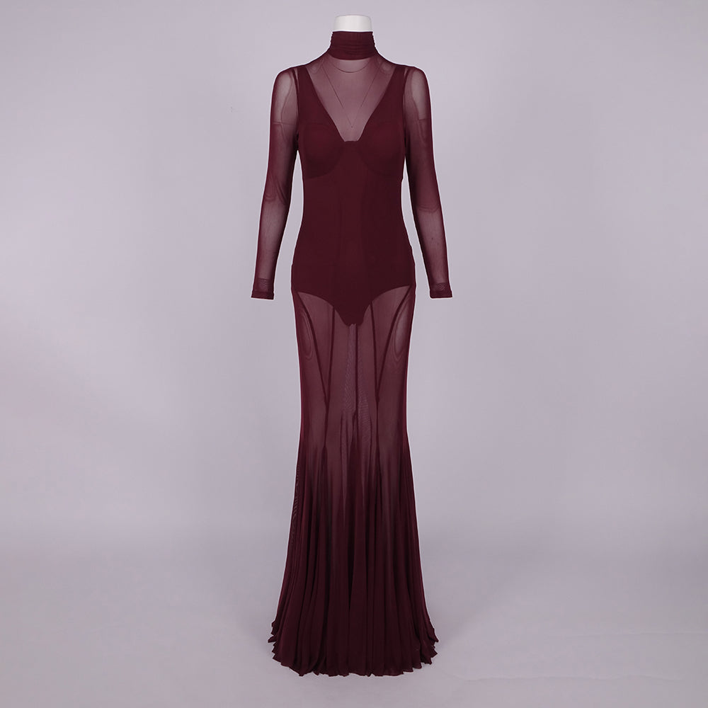 Suzanne Sheer Long Sleeve Turtleneck Maxi Dress