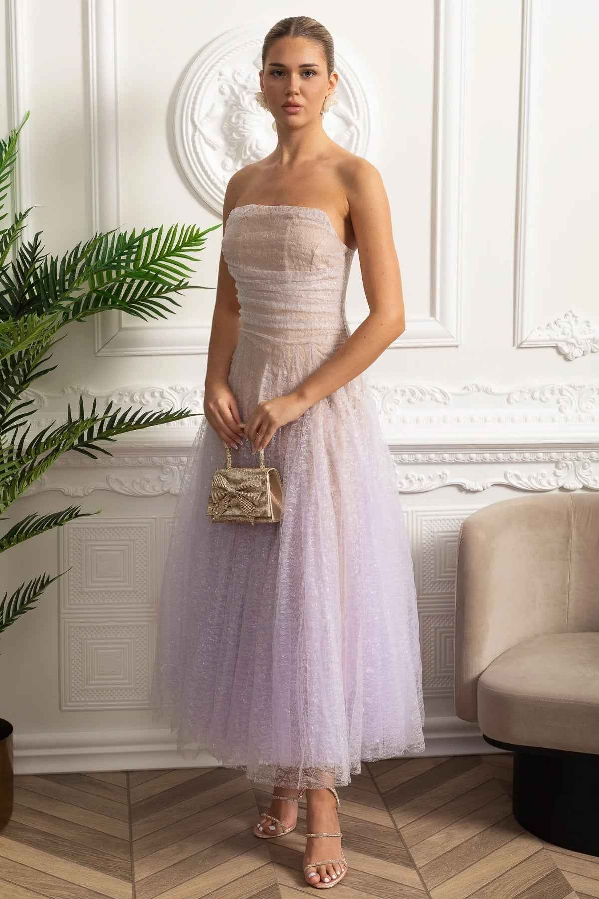 Lilac Gradient | STRAPLESS FITTED MIDI COCKTAIL PARTY DRESS